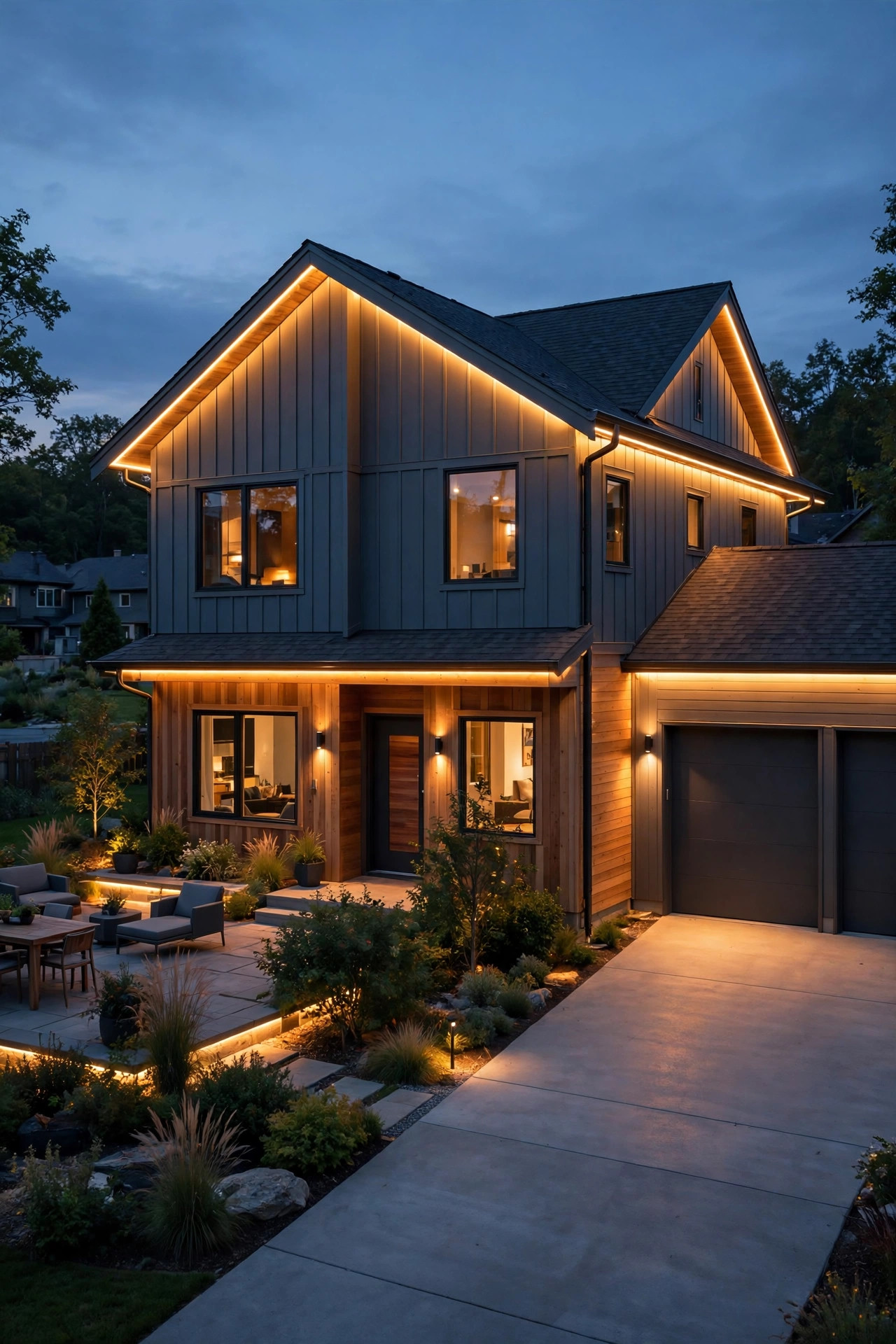 Whole house at dusk with coordinated gutter and eave lighting washing front, driveway, and patio