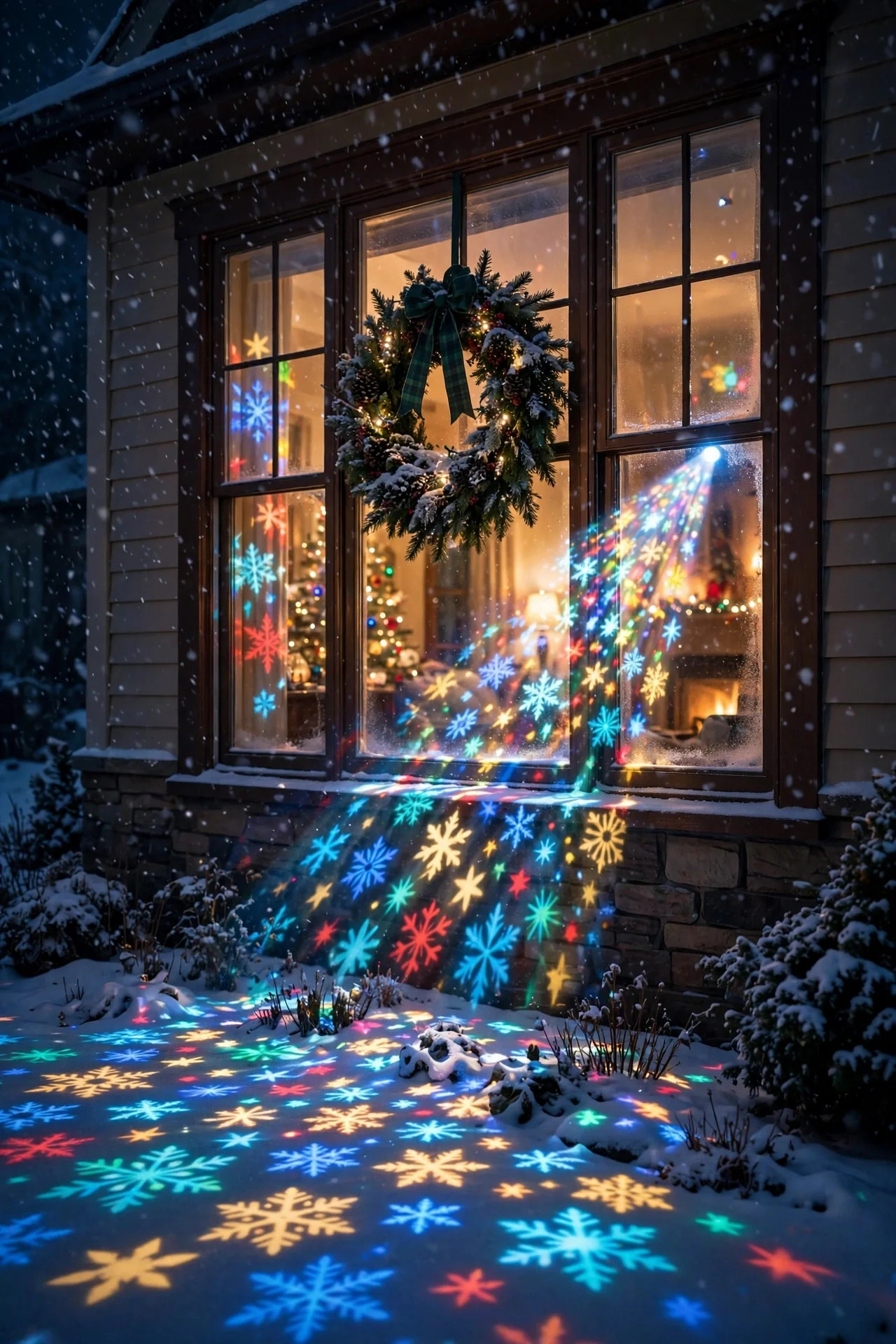 A holiday scene projected outward from a glowing house window at night