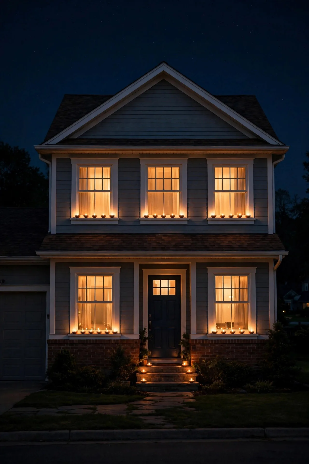 House facade at night with glowing diyas on every window sill