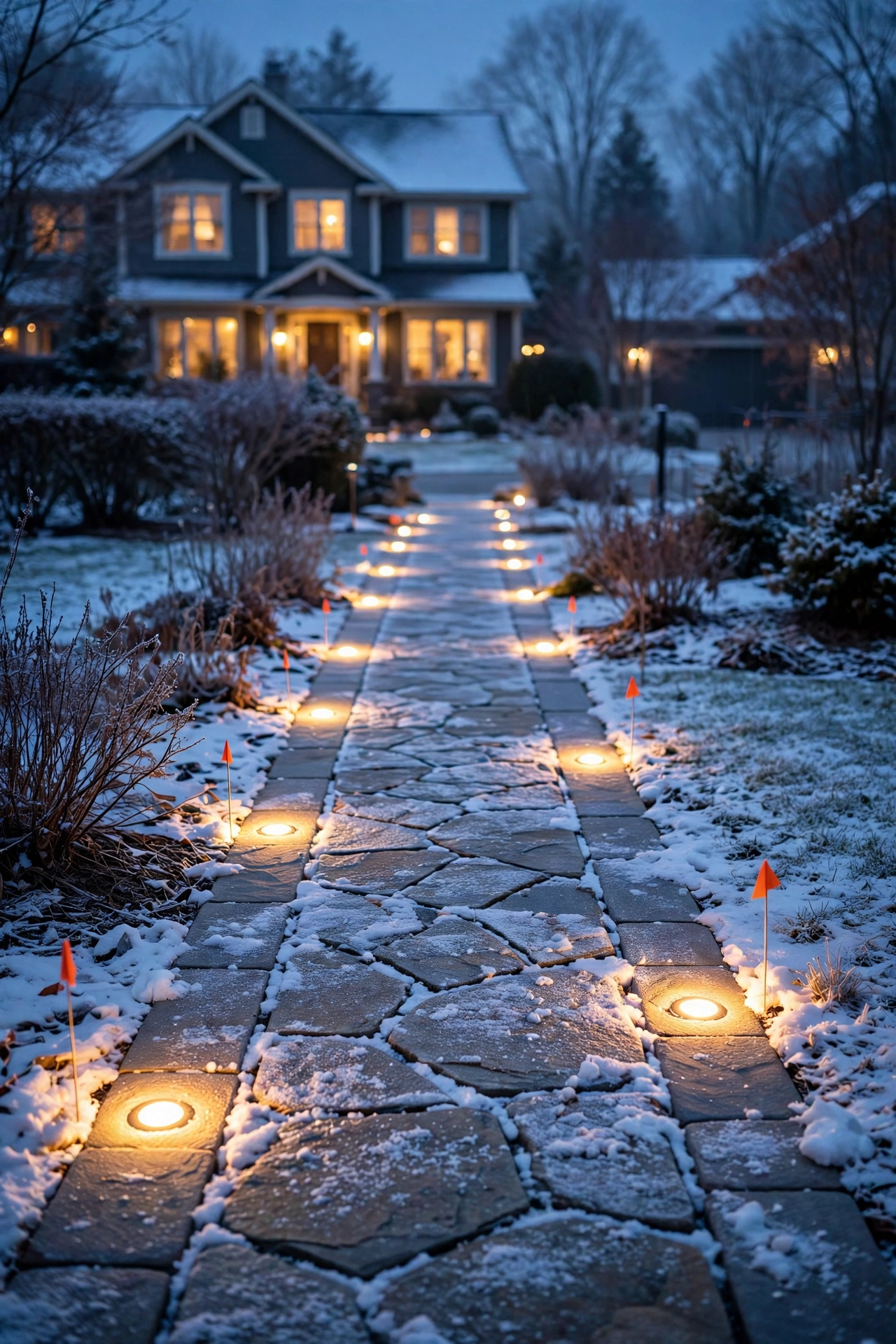 Paver lights glowing along a snow-dusted walkway with a timer setup