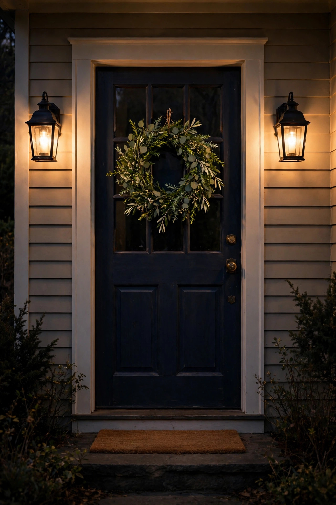 Simple greenery spring wreath on a door flanked by two glowing lanterns at night
