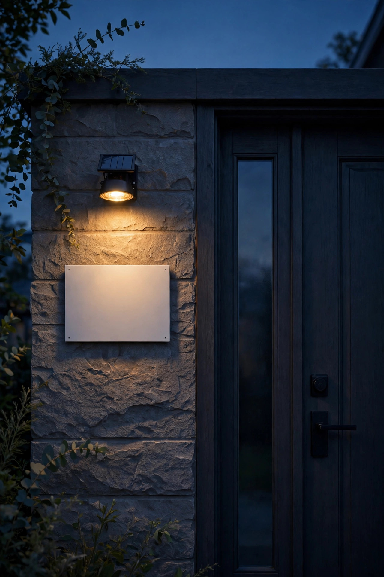 Small solar spotlight softly illuminating house address numbers beside a front door at dusk