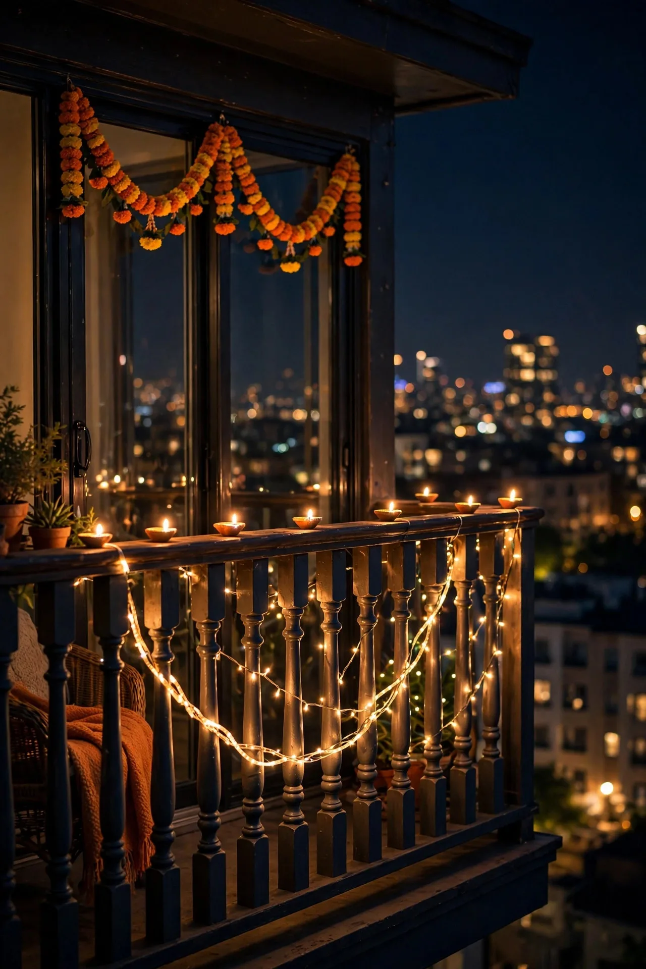 Apartment balcony railing wrapped in string lights with LED diyas along the top rail at night