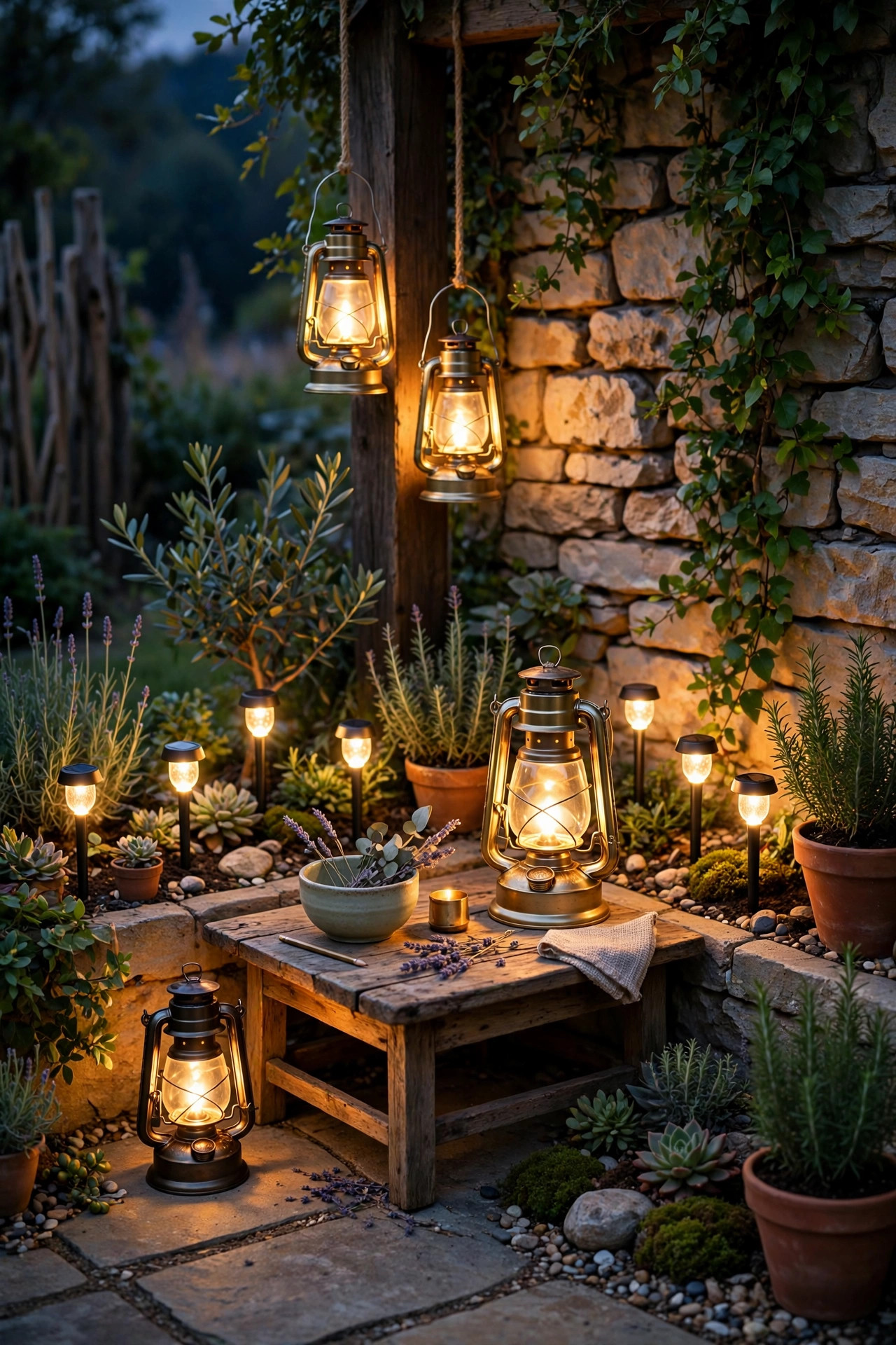 Rechargeable lanterns and solar stake lights glowing in a patio corner with no outlet, near a song request table