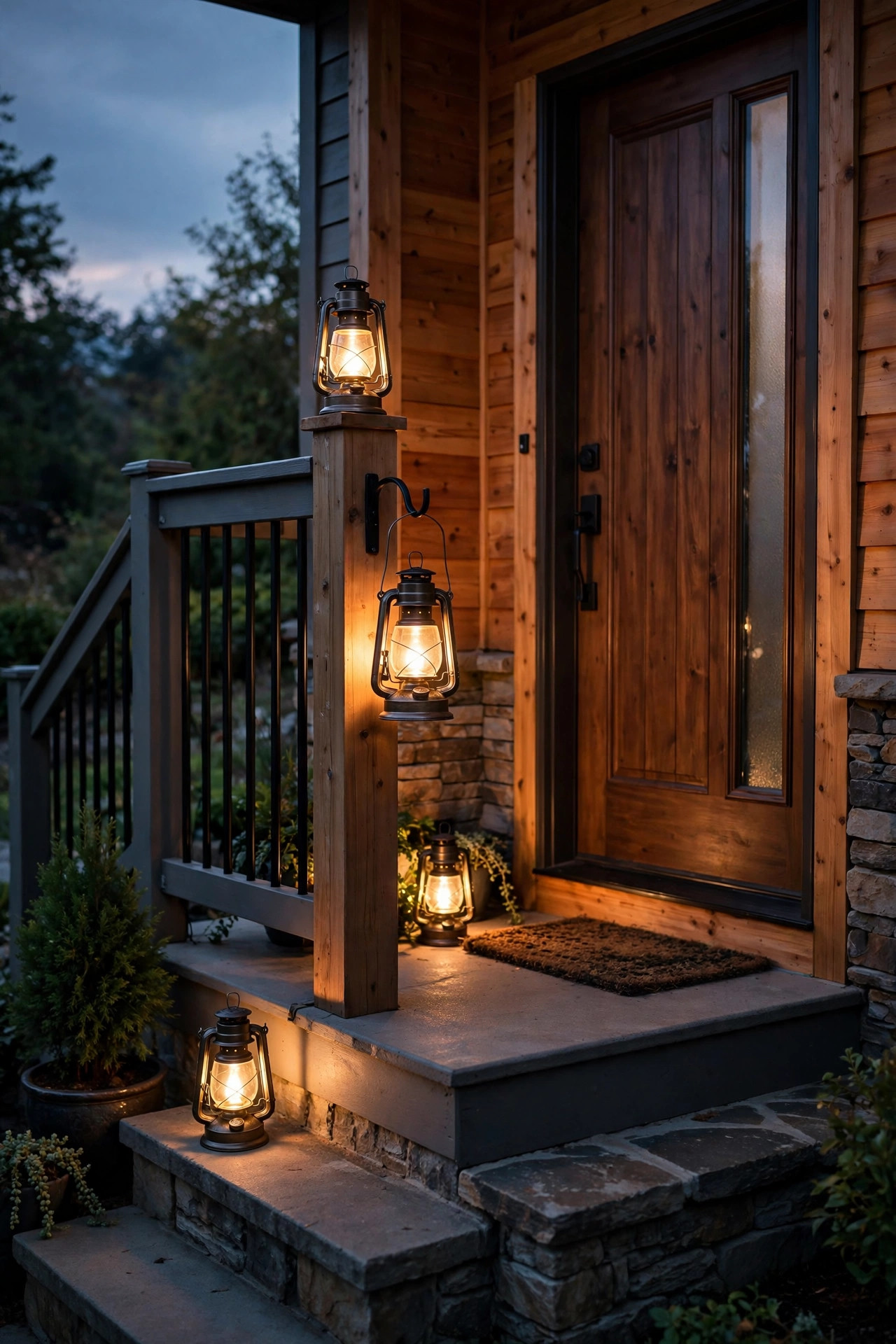 Cluster of battery-powered lanterns glowing at different heights on a split-level entry landing