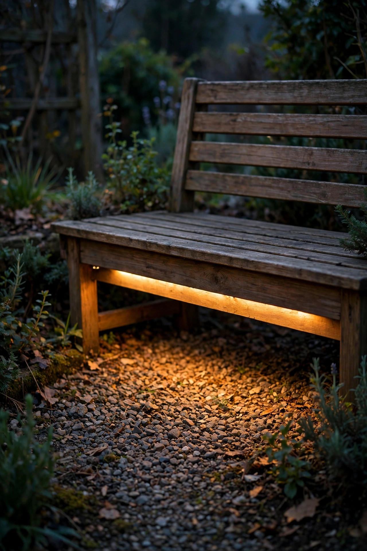 Warm glow spilling from beneath a wooden garden bench onto gravel from a hidden LED strip