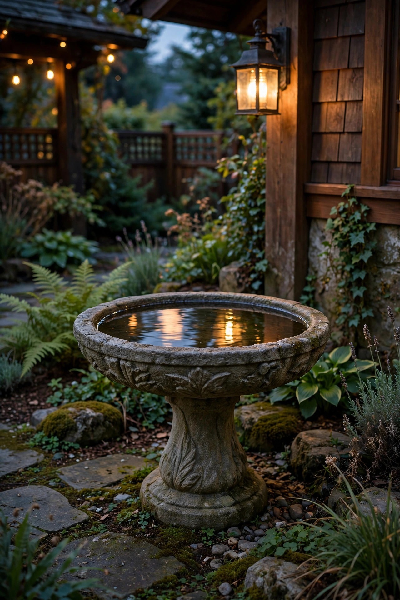 Stone birdbath in a craftsman garden corner softly lit at dusk, warm glow reflecting on still water