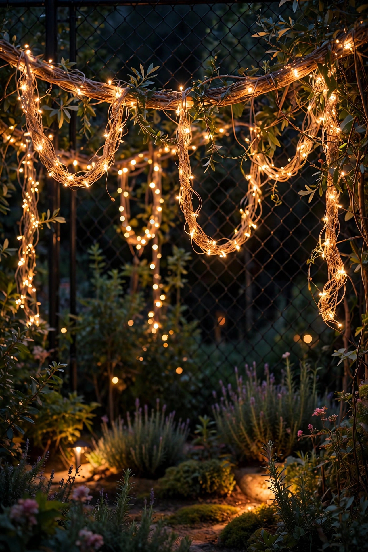 Black painted chain-link fence nearly invisible at night behind warm woven fairy lights and garden glow