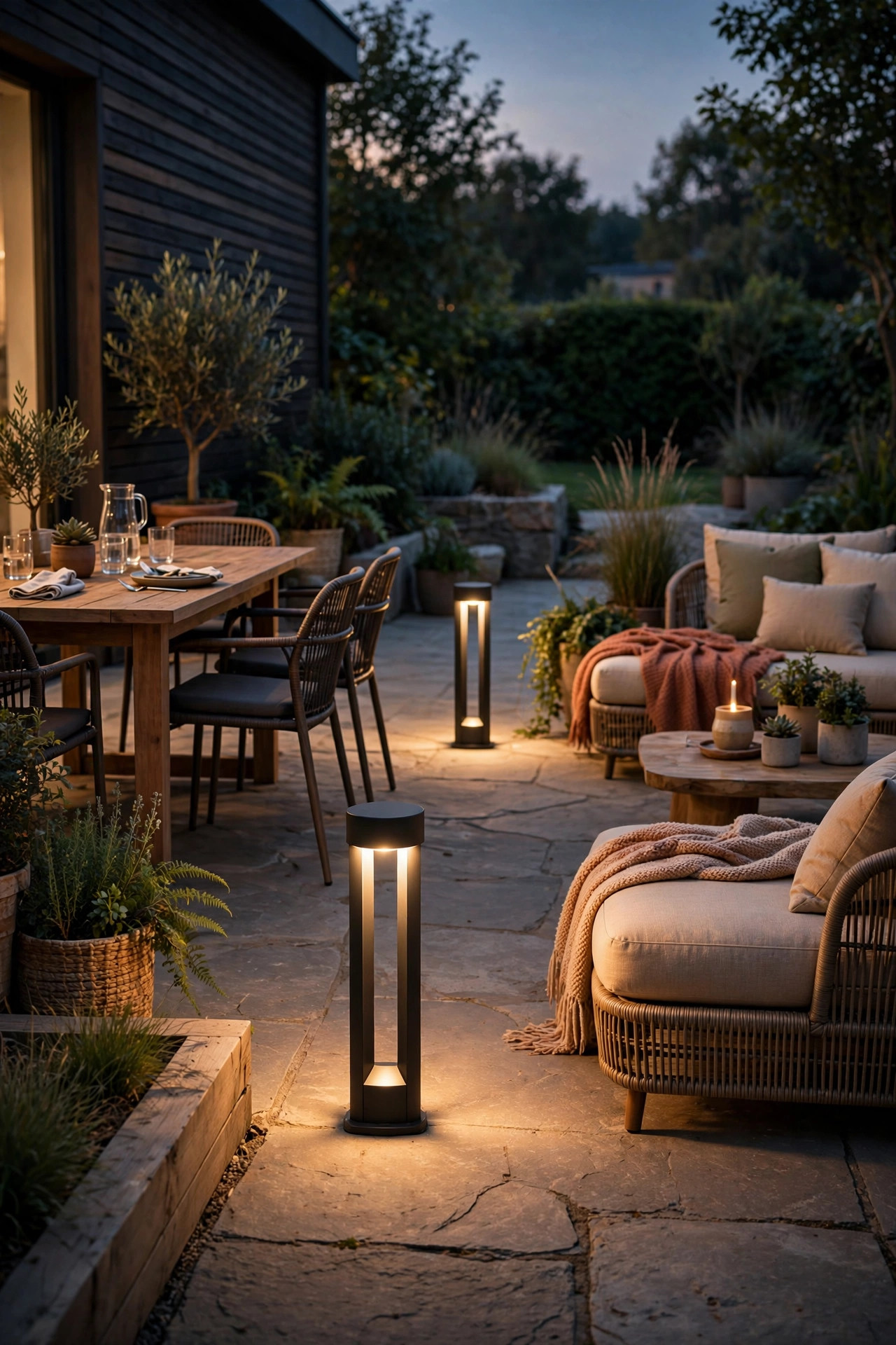 Two short shielded bollard lights marking the boundary between dining and lounging zones on a patio at dusk