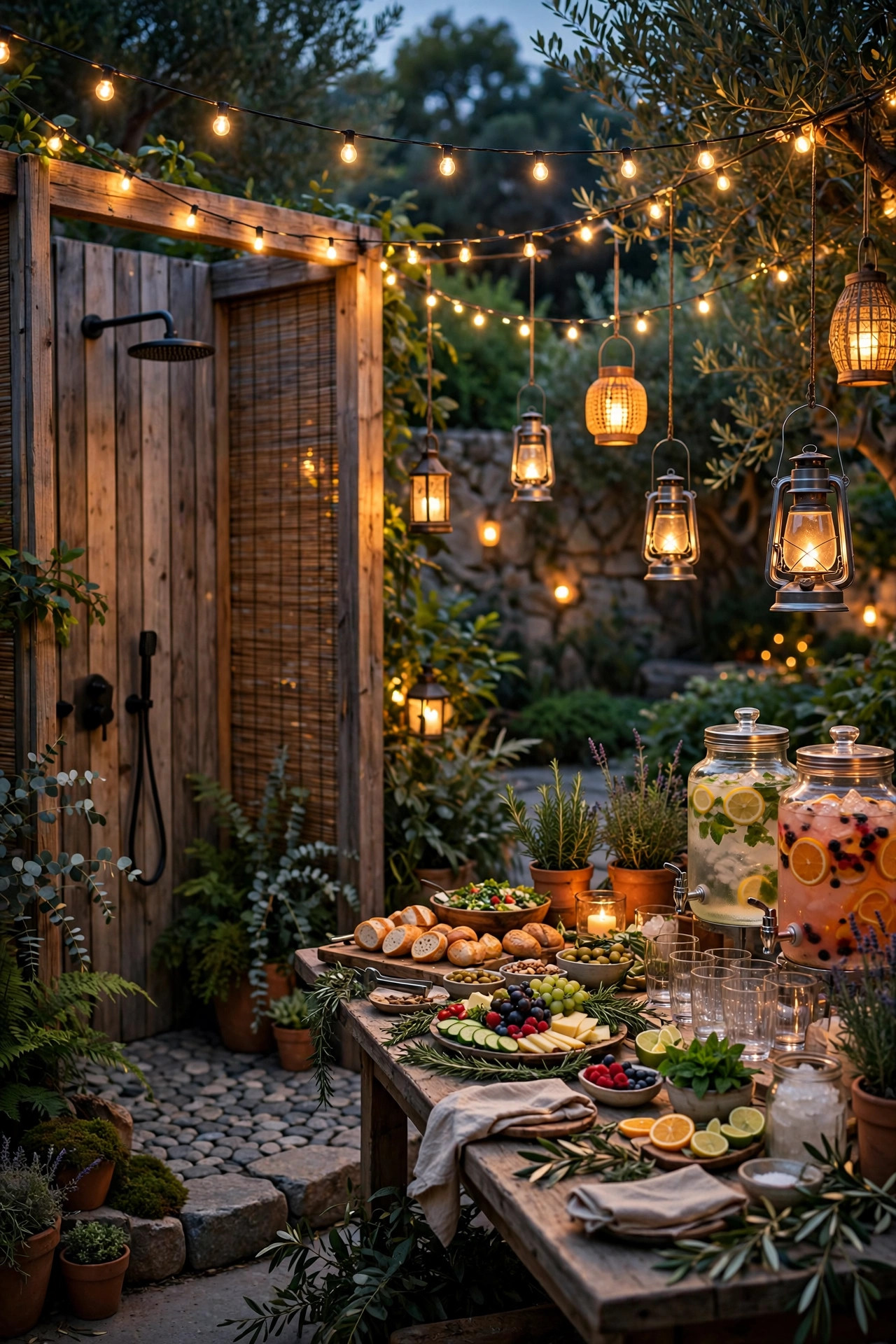 Fairy lights and lanterns glowing over an outdoor shower buffet and drink station