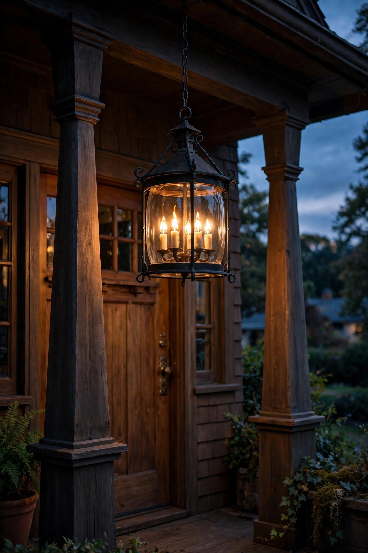 Carriage-house style pendant with candle bulbs glowing on a traditional craftsman porch