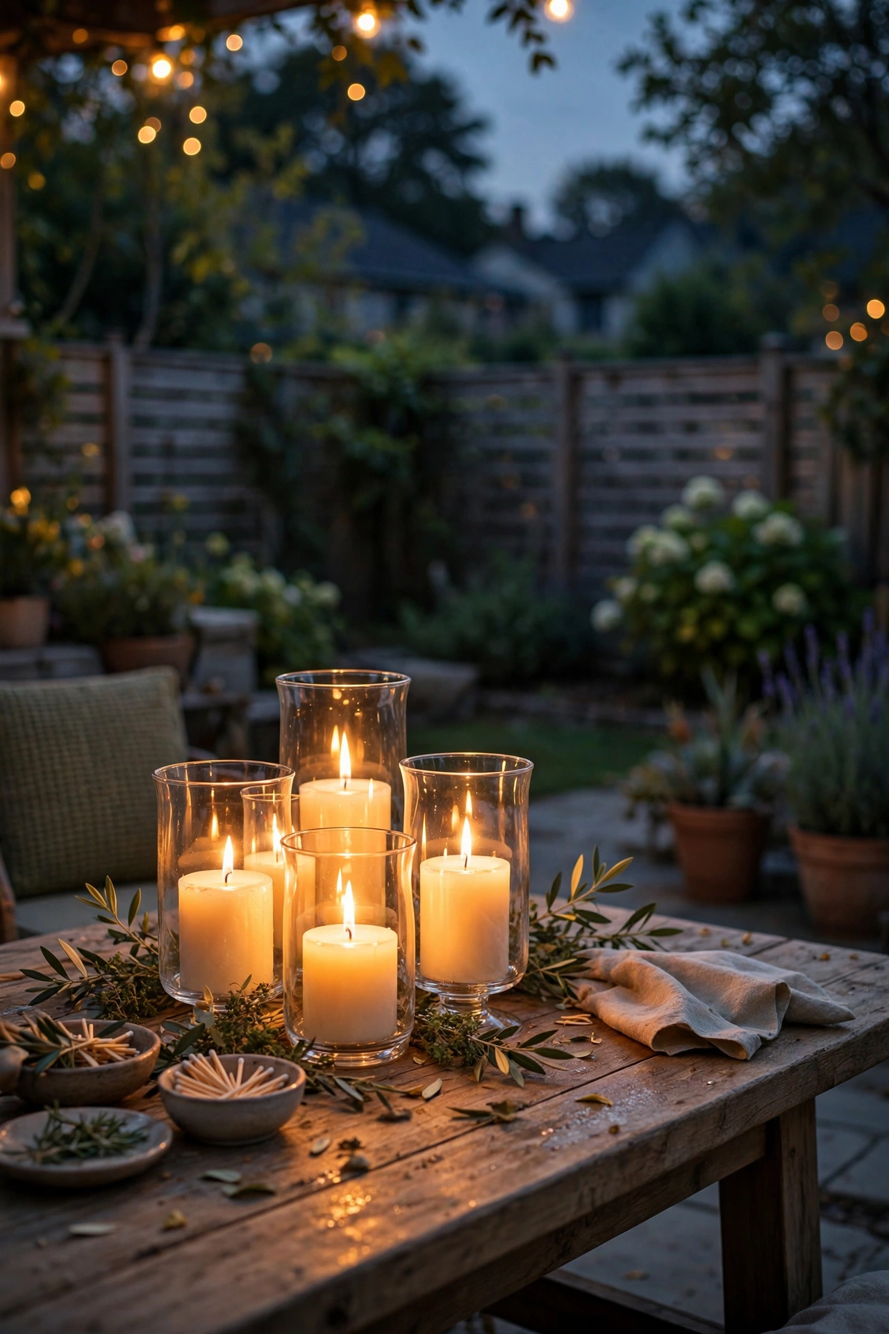 Citronella candles in hurricane glass clustered on an outdoor party table