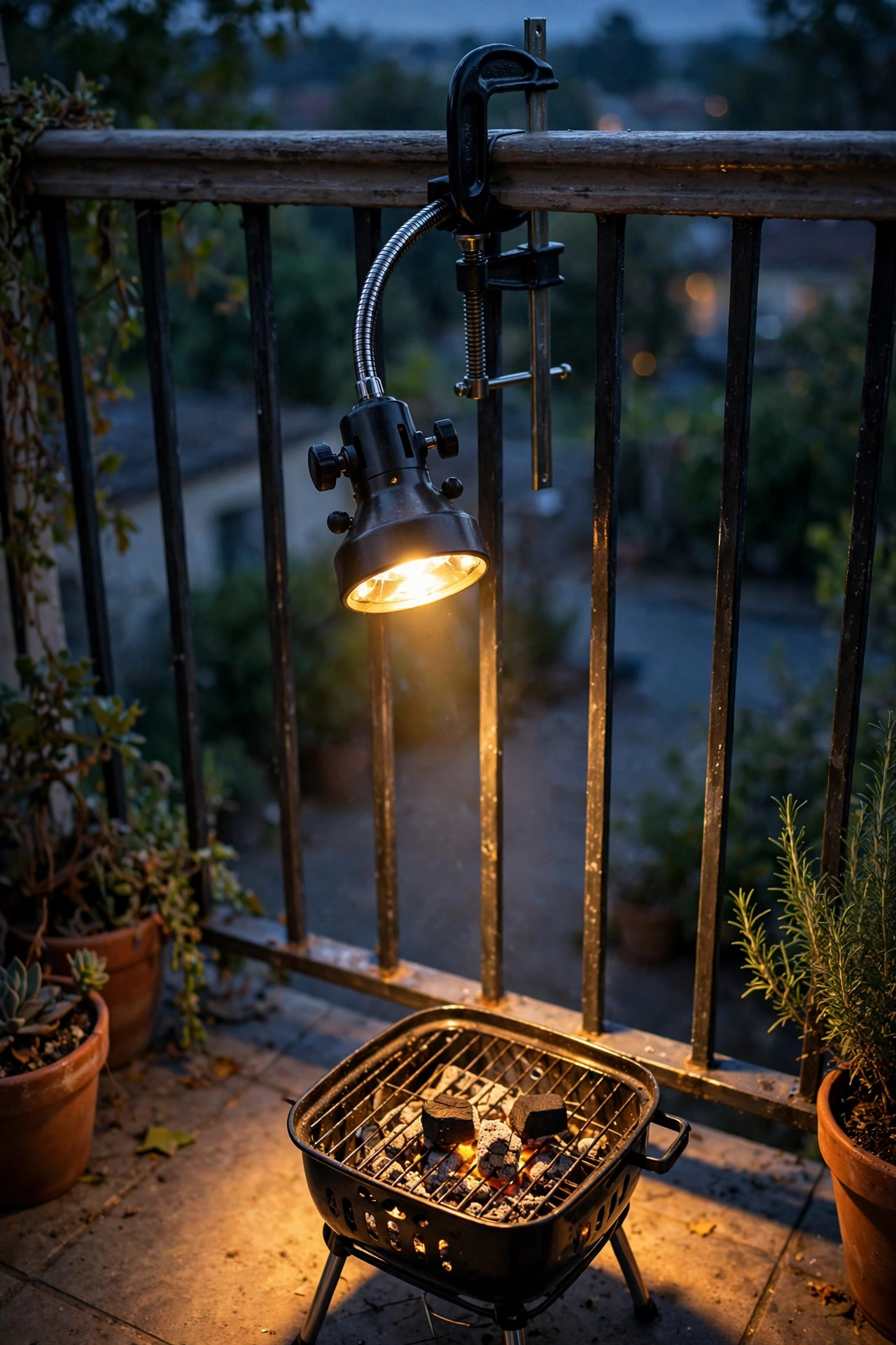 Clamp-on spotlight with a gooseneck head gripped to a balcony railing aimed down at a small grill