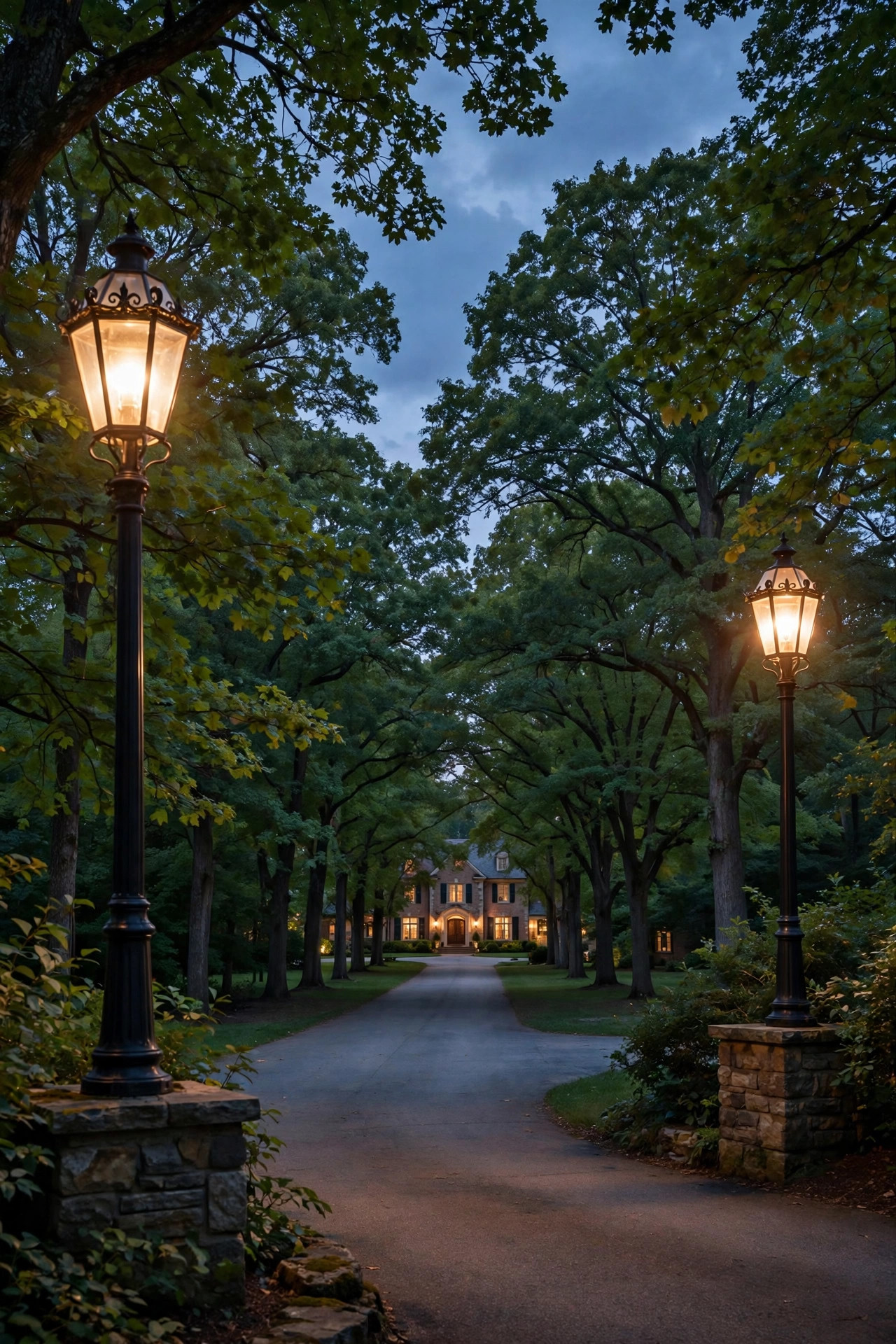 Tall coach-style lamp posts glowing at the entrance of a long tree-lined driveway at dusk