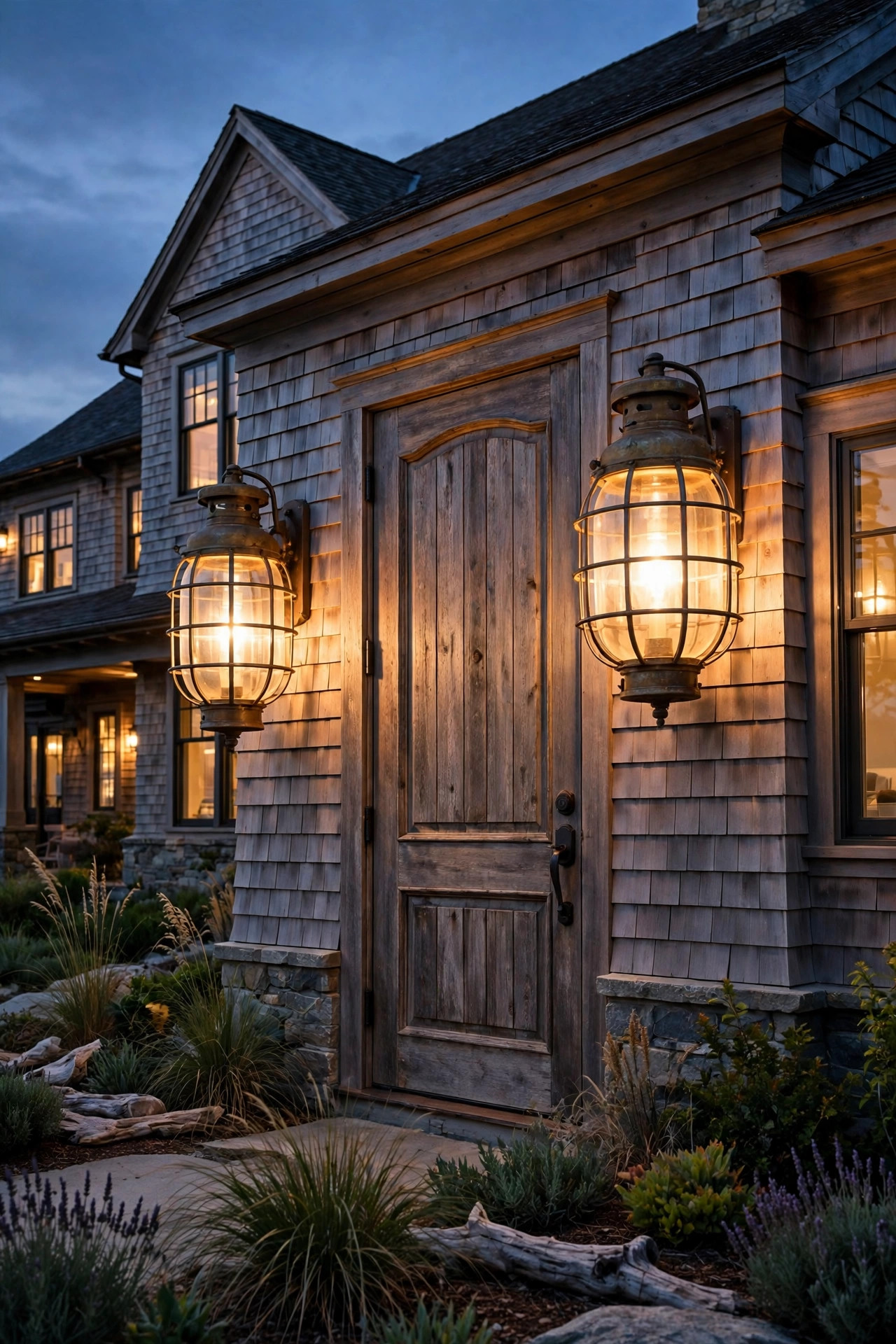Oversized caged marine lantern sconces flanking a tall weathered wood door on a large coastal home at dusk, soft warm glow