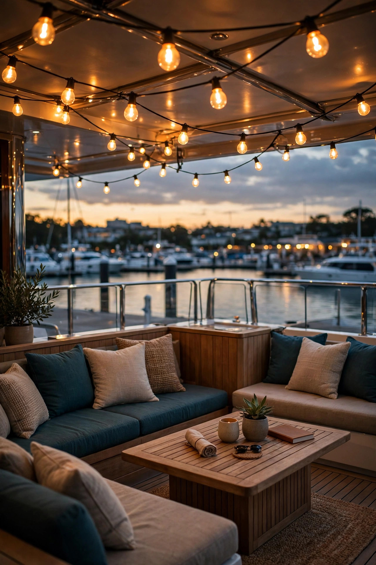 Lower deck lounge tier with warm amber color changing smart bulbs in string lights