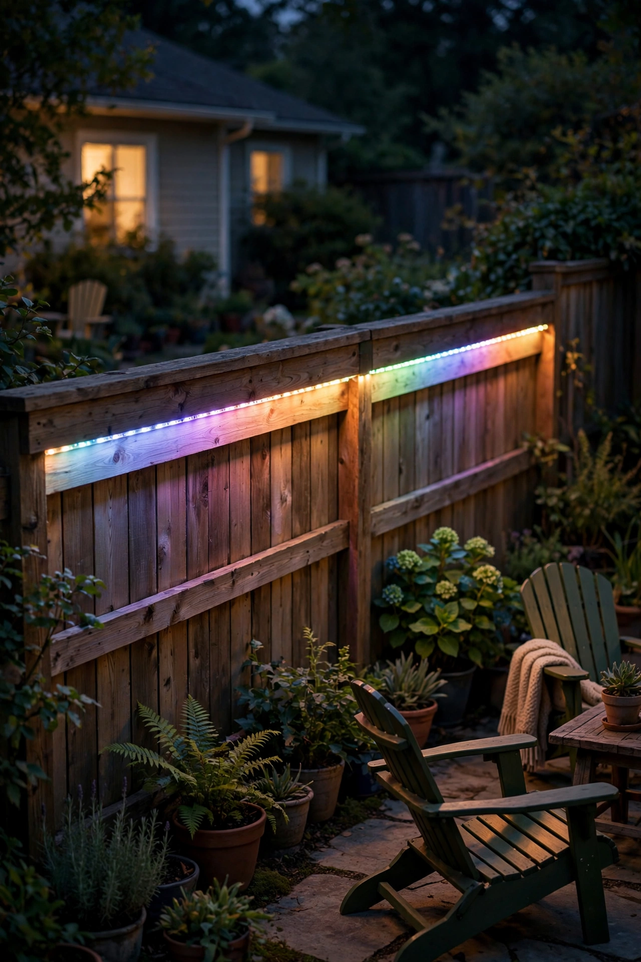 Color-changing LED strip on a fence rail glowing festive colors at night
