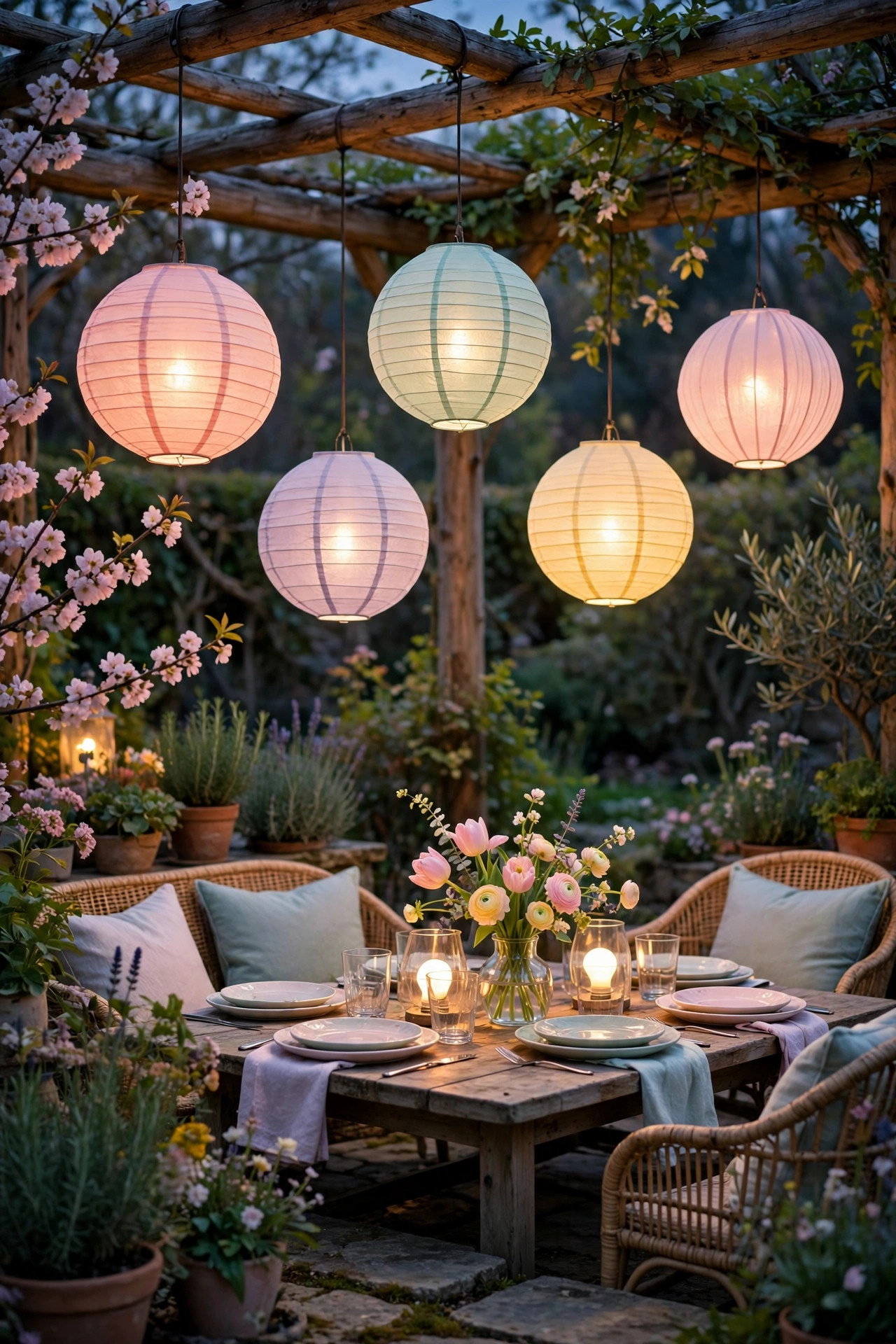 Patio lanterns glowing in soft spring pastel colors from smart bulbs during an evening garden party