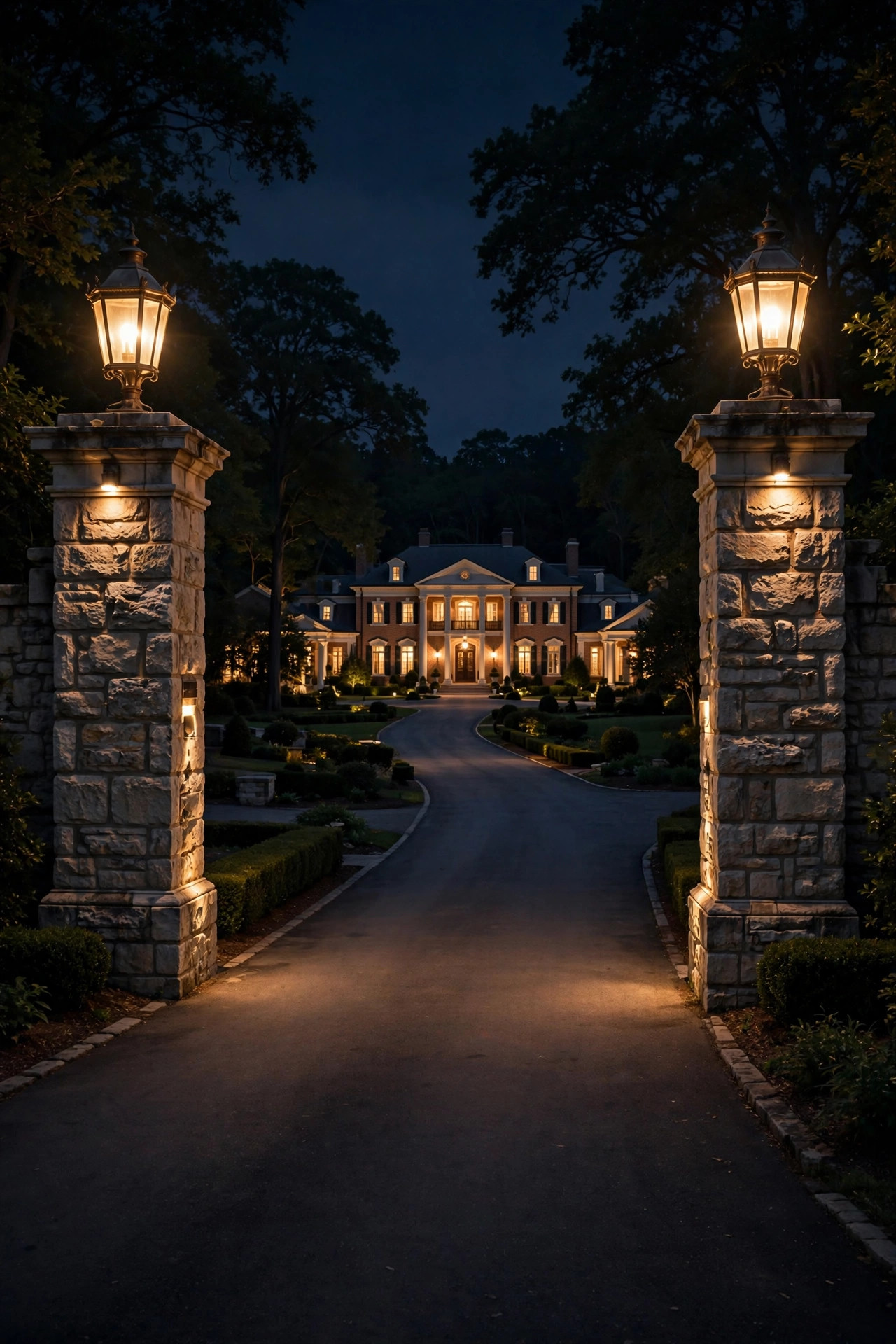 Tall entrance columns with lantern lights flanking a grand driveway at night