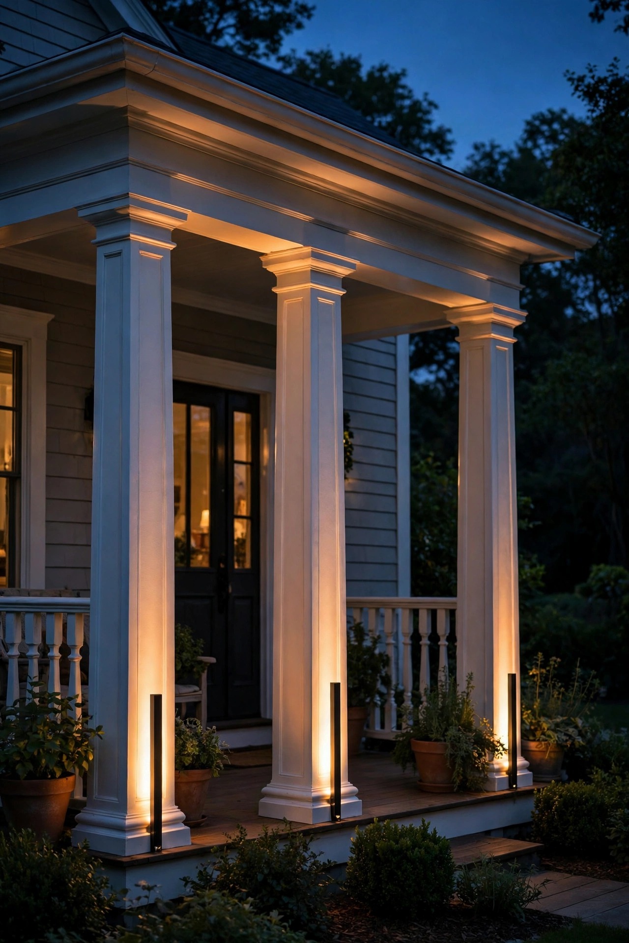 Slim uplights at the base of white porch columns washing warm light up a traditional veranda at night