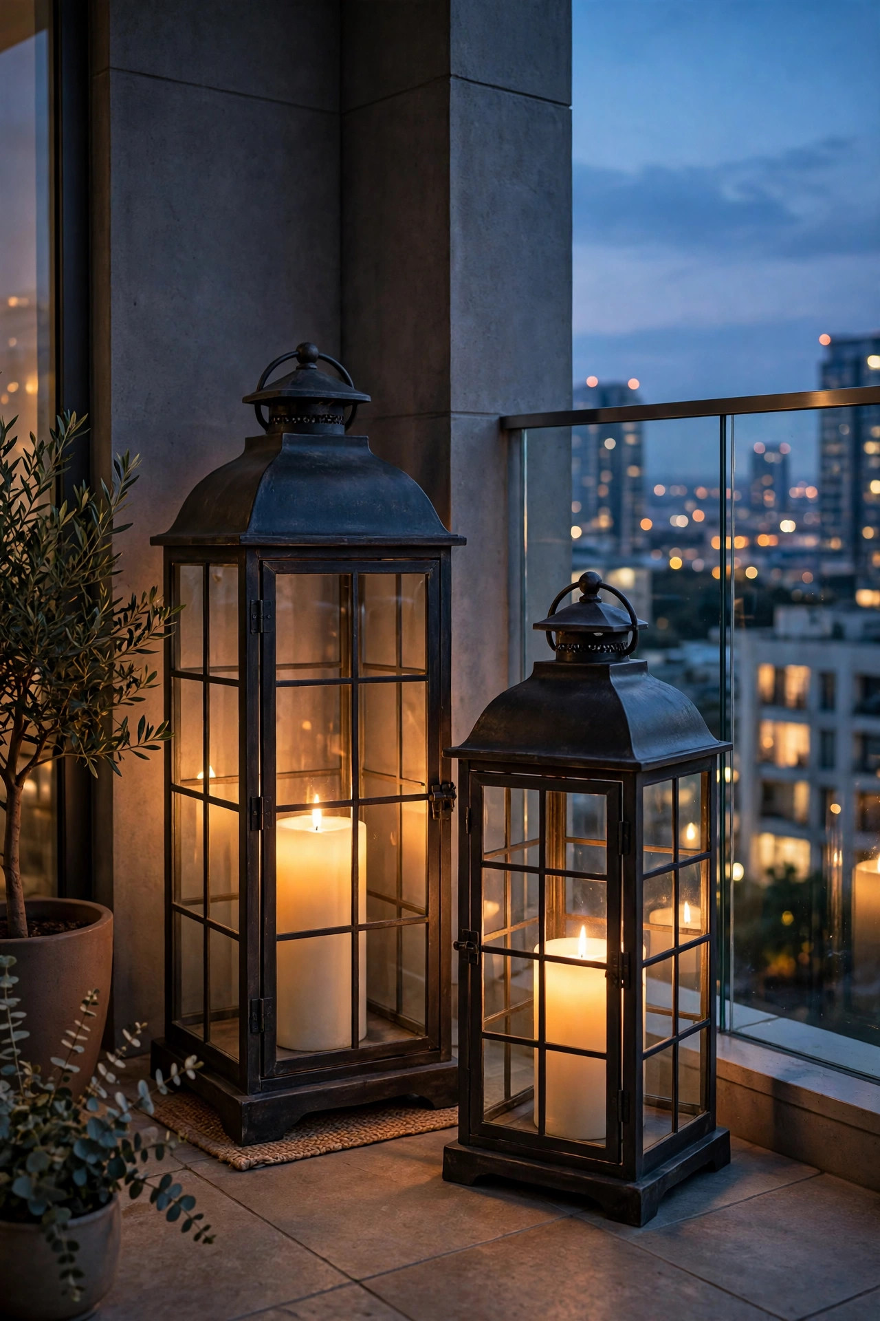 Two oversized floor lanterns with flameless pillar candles glowing in the calm inside corner of a high-rise balcony at dusk