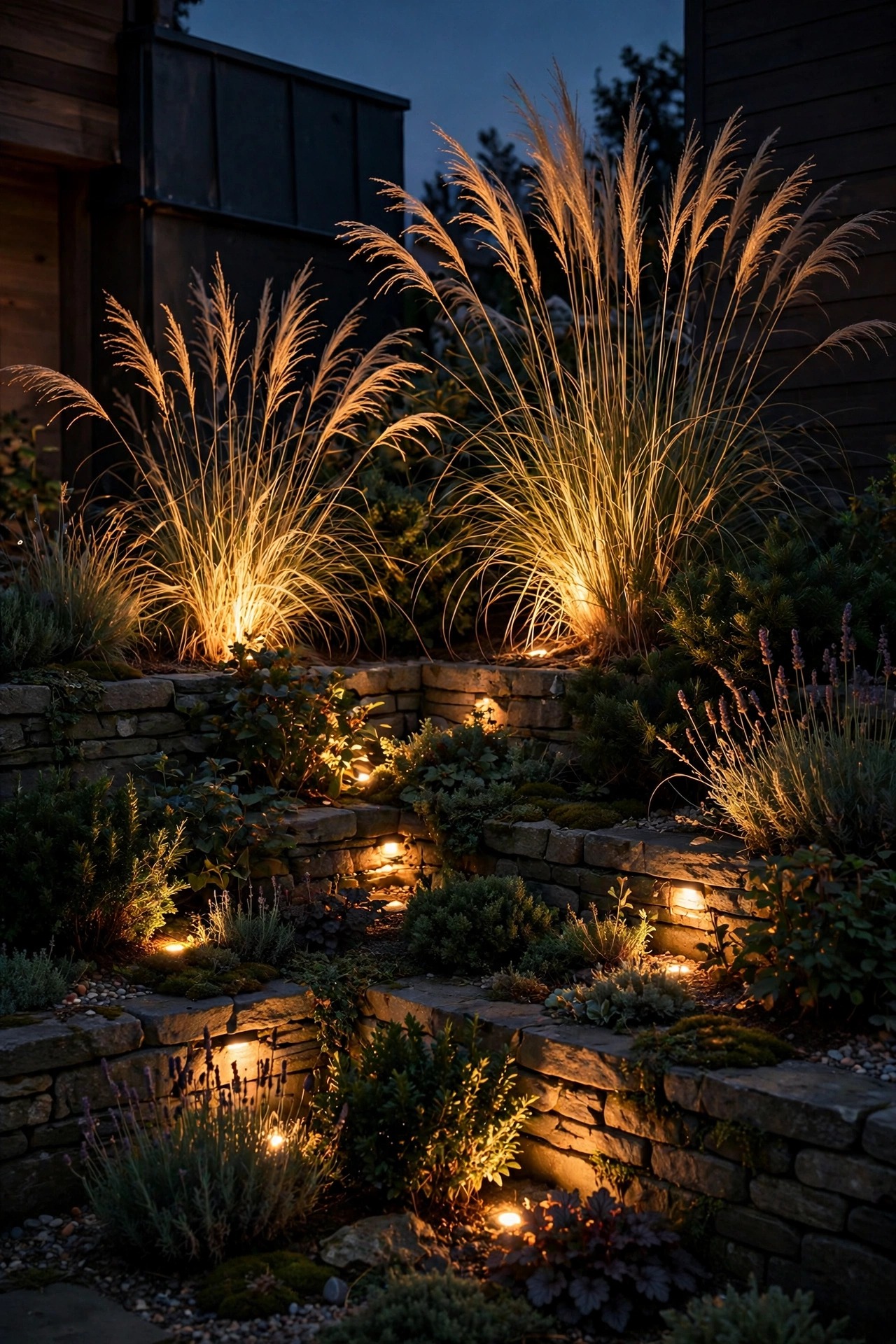 Layered corner planting bed with backlit ornamental grasses and small uplights glowing among shrubs at night