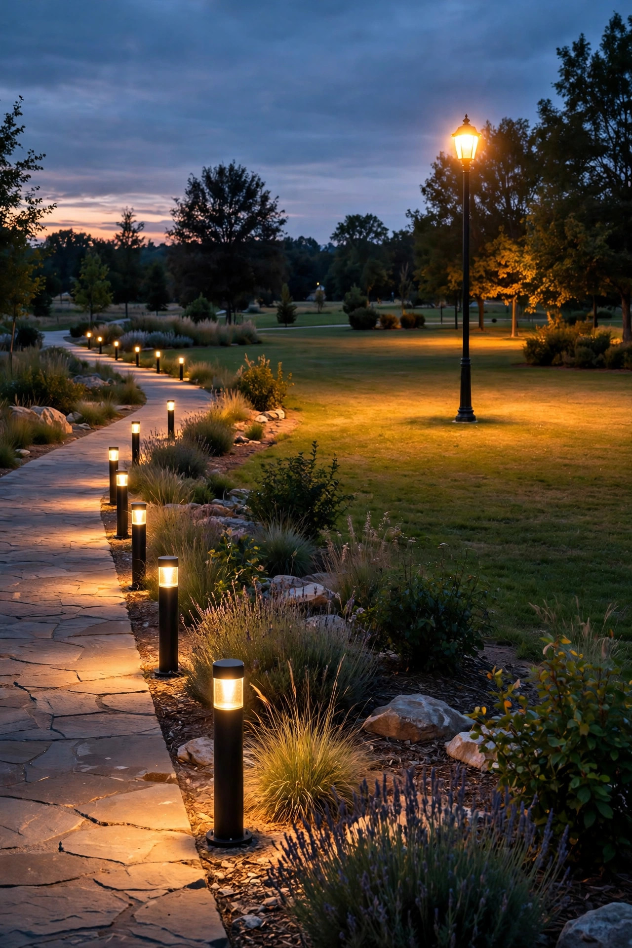 A row of affordable bollard lights along a walkway at dusk compared with a single tall post light covering a wide area