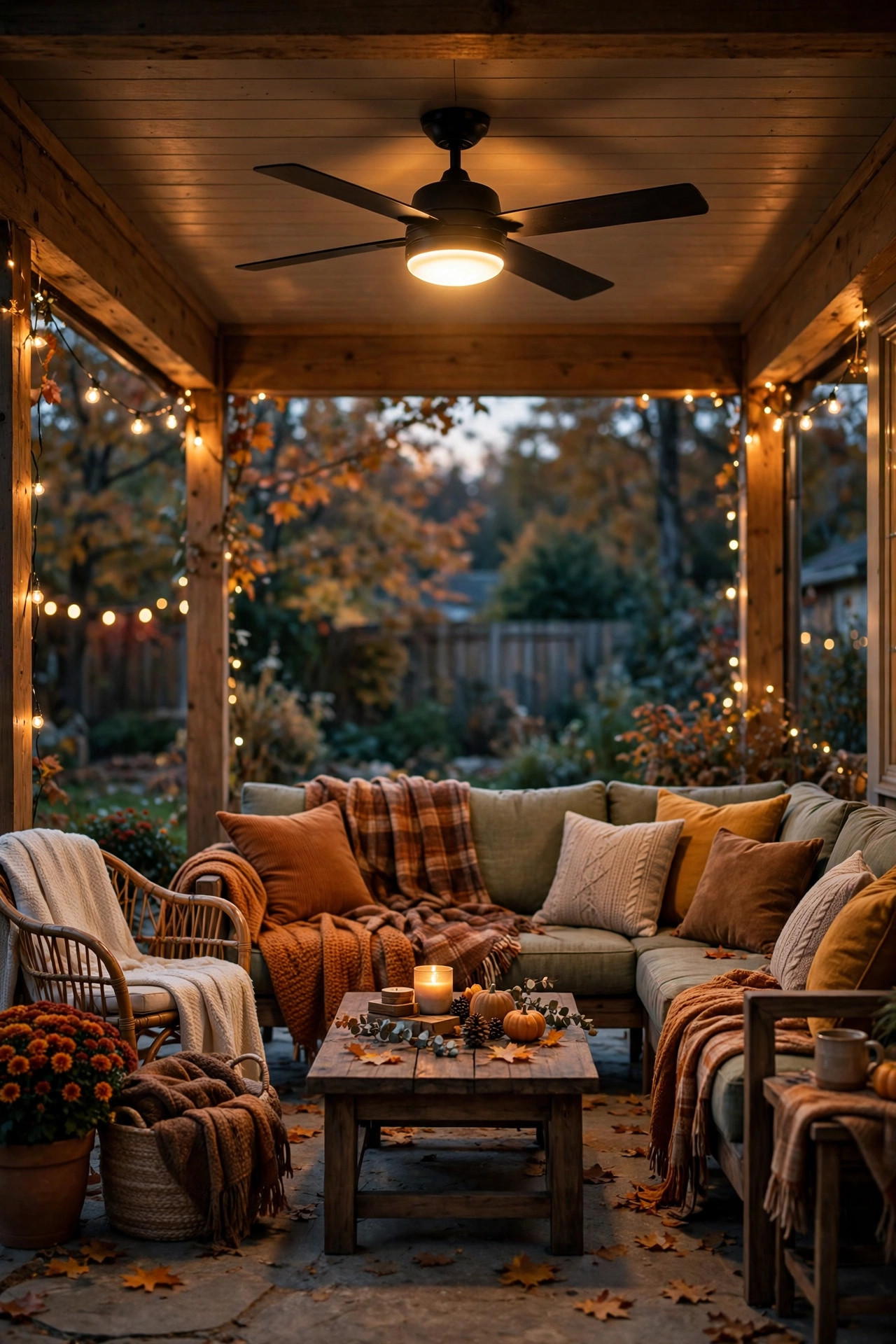 Covered patio with a warm ceiling fan light glowing over fall seating with blankets and string lights at the edges