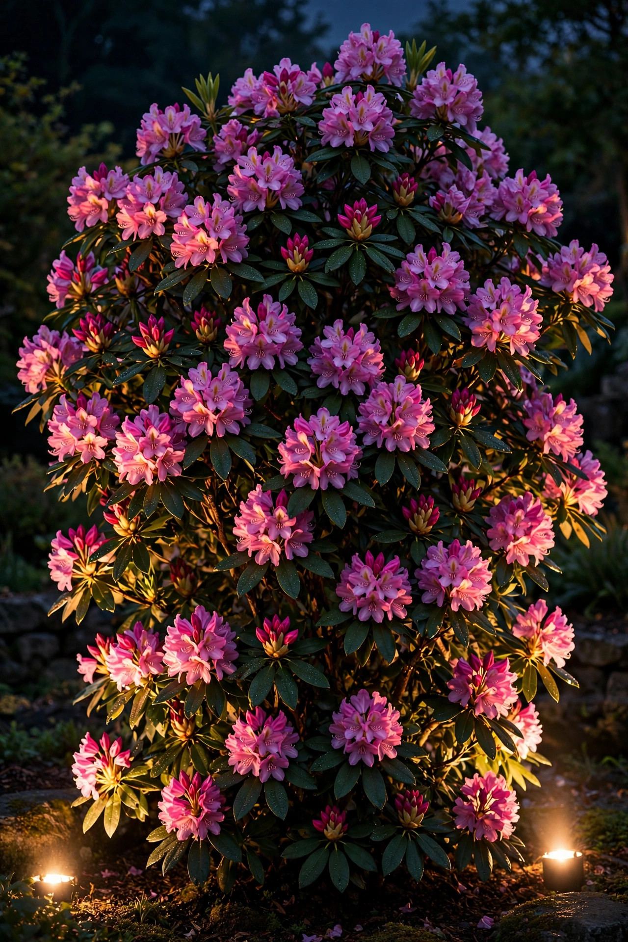 Large flowering rhododendron shrub cross-lit by two warm uplights showing rich depth and dimension at night
