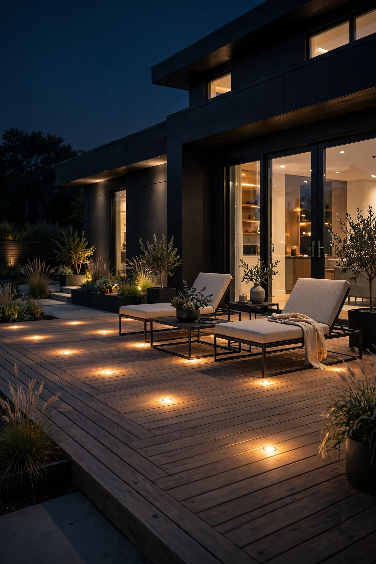 Recessed floor lights flush in modern deck boards outlining the deck edge at night