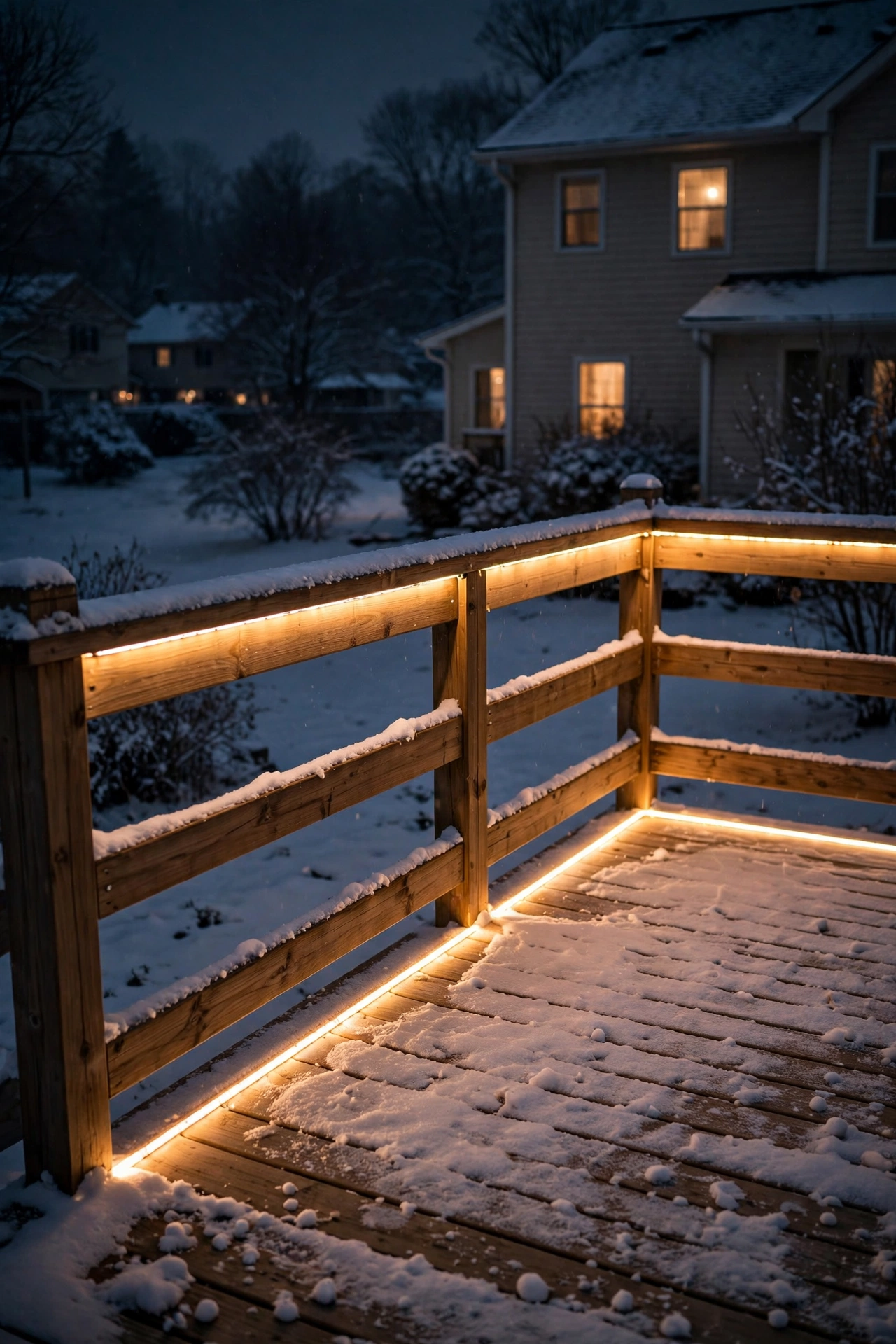 Deck railing glowing with a hidden warm LED strip casting light on snowy deck boards