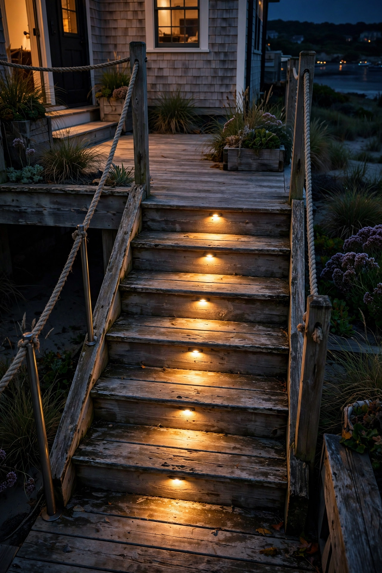 Recessed LED step lights illuminating coastal deck stairs at night