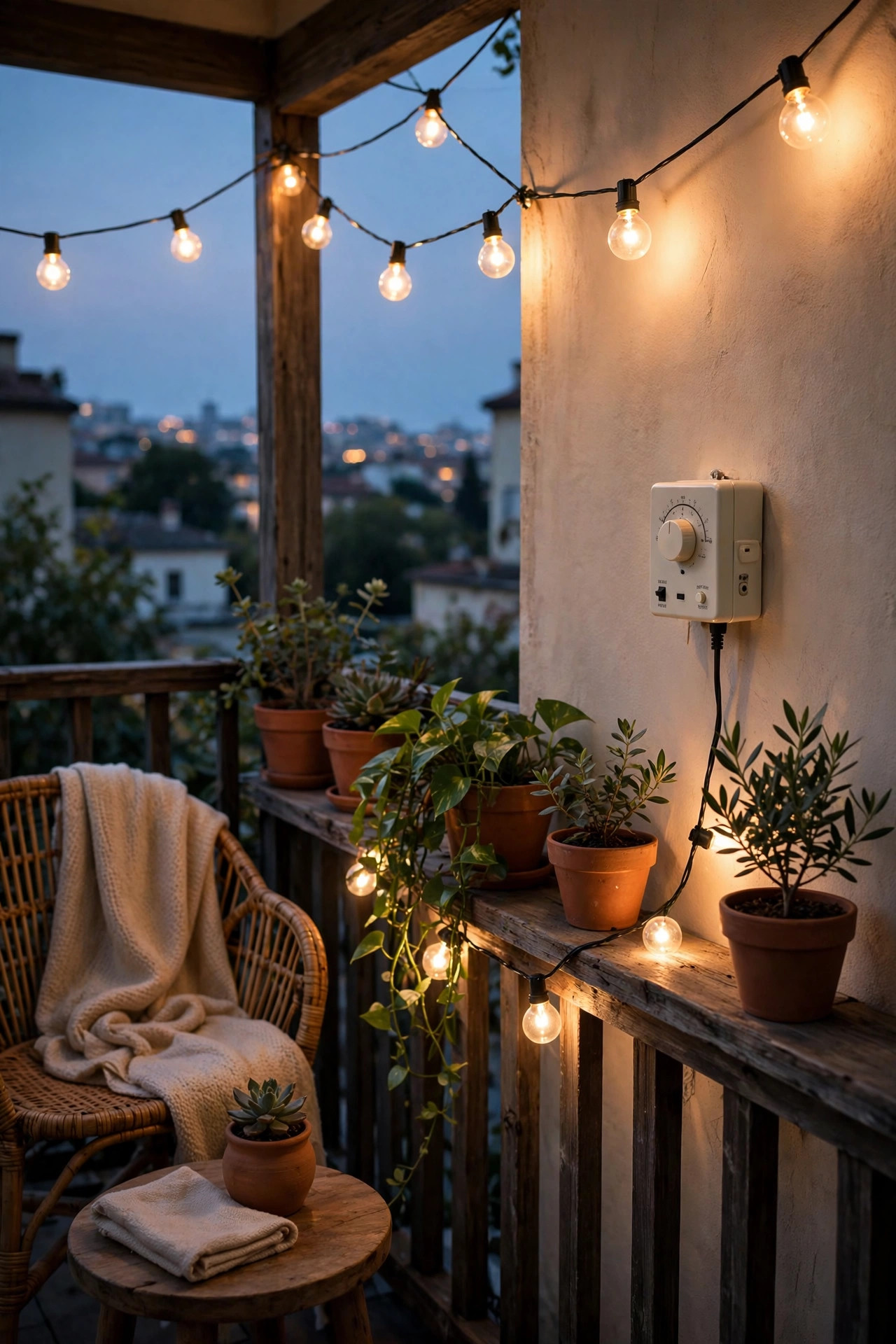 Balcony string lights glowing at a soft dimmed warm level at dusk with a cozy calm mood controlled by a timer