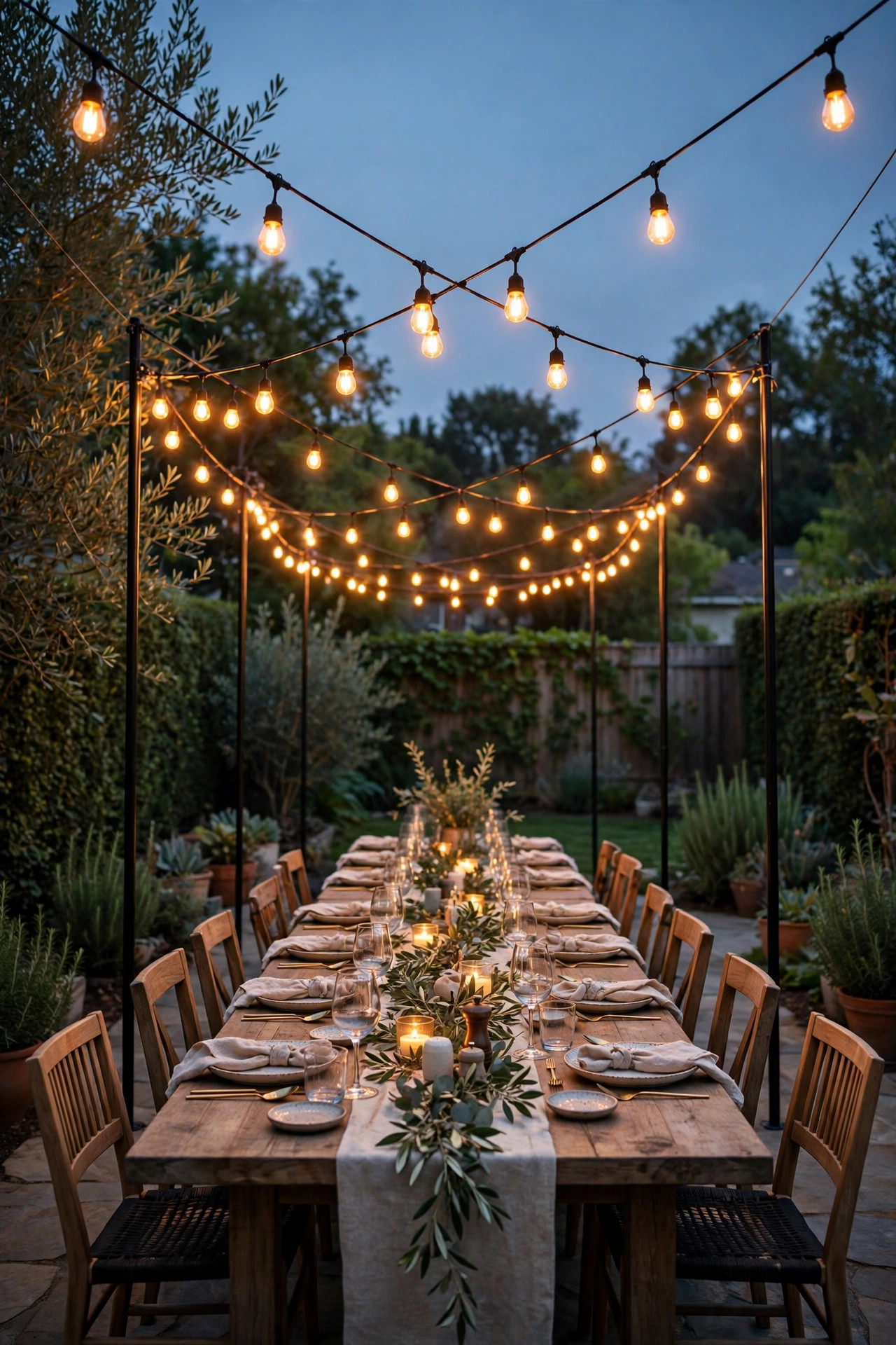 Long dining table under a crossed swag canopy of commercial string lights on poles in a backyard at dusk