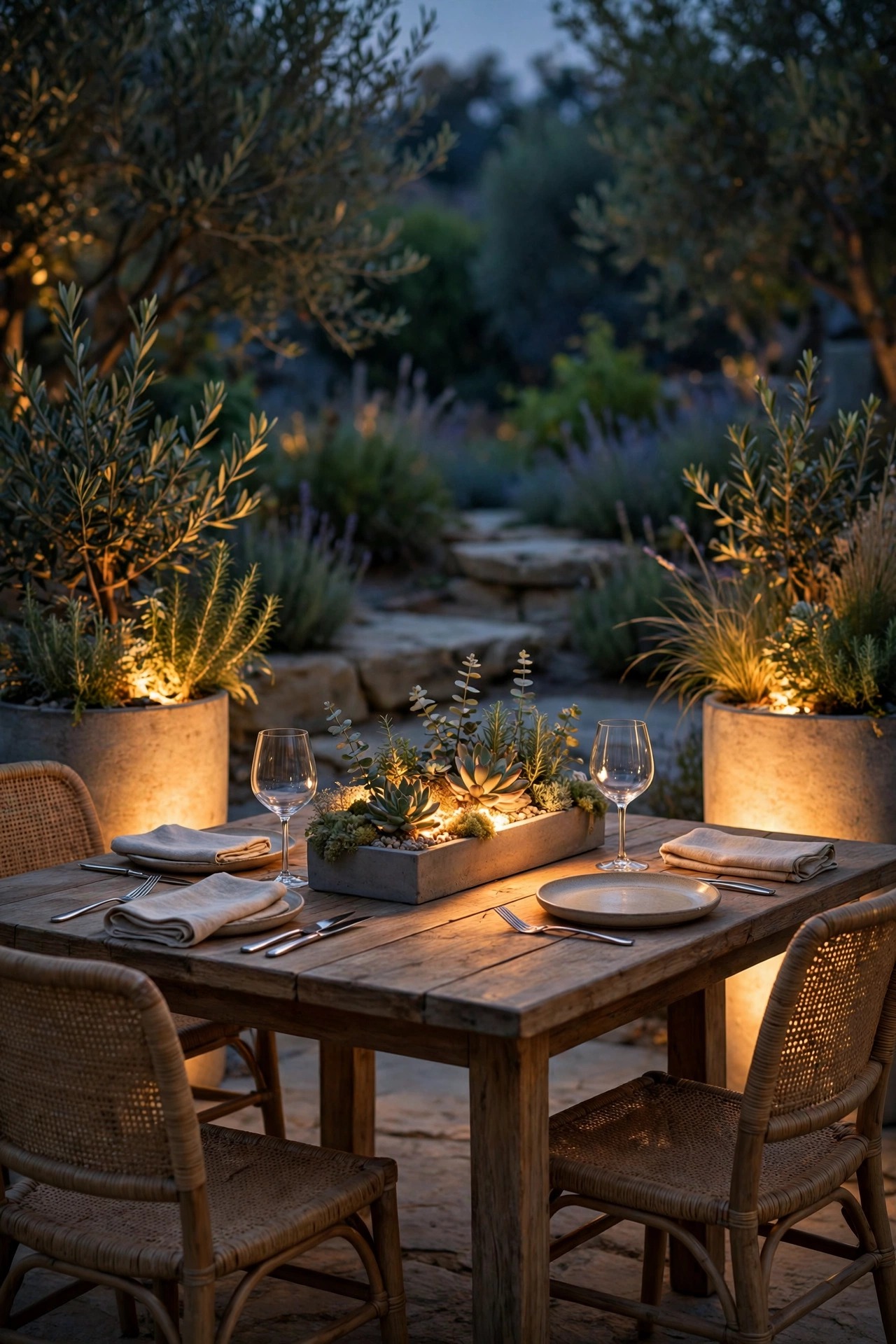 Outdoor dining table at dusk lit by a low planter centerpiece and glowing planters flanking the seating