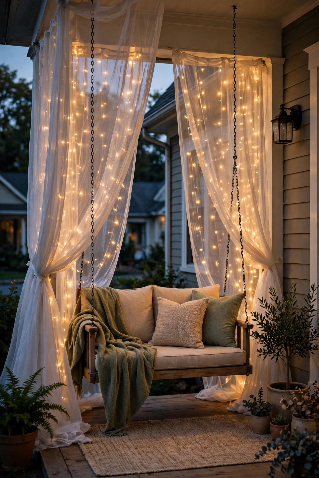 Sheer outdoor drapes with fairy lights glowing behind them around a porch swing nook at dusk