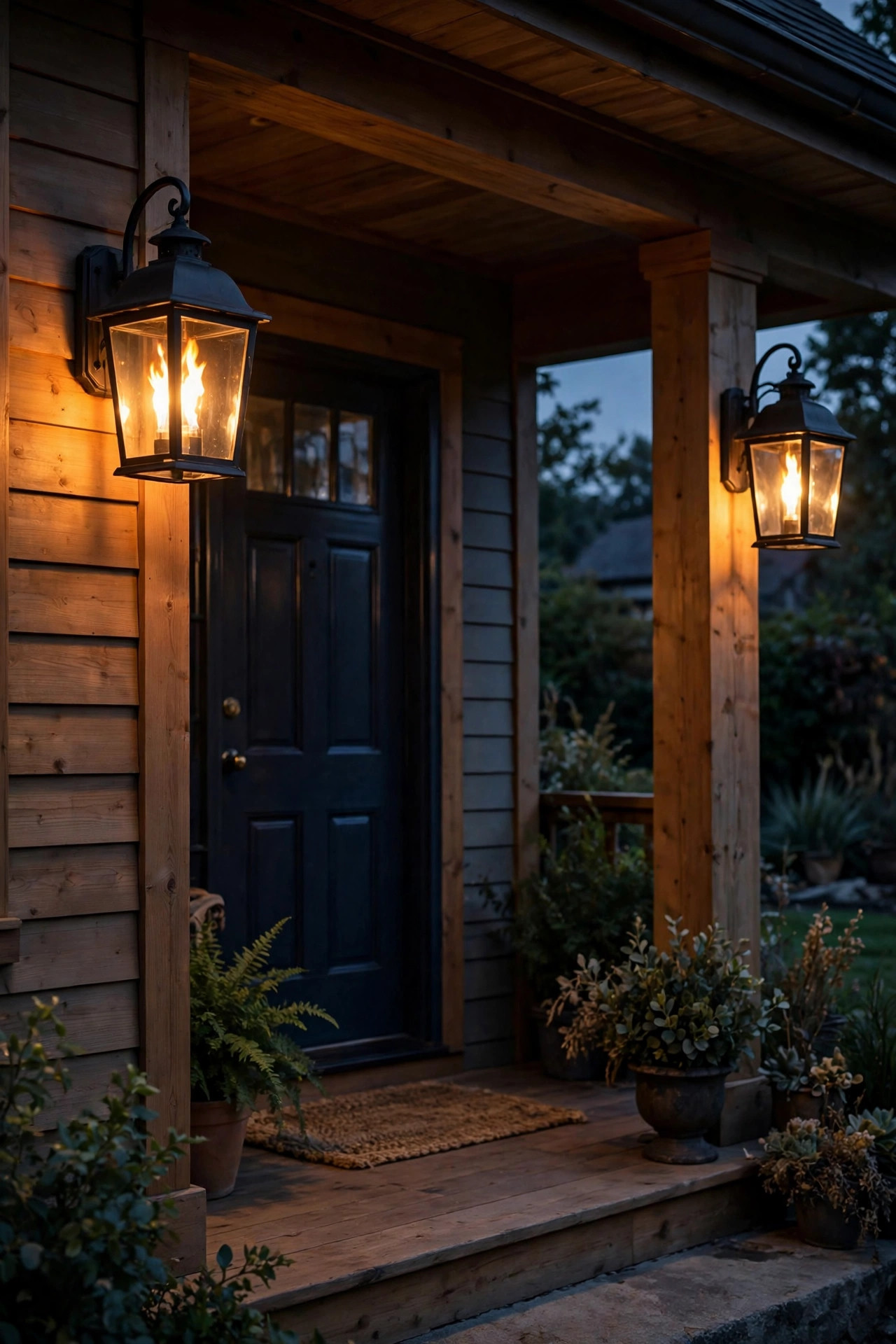 Porch lanterns with flame effect bulbs switching on automatically at dusk with a photocell socket adapter