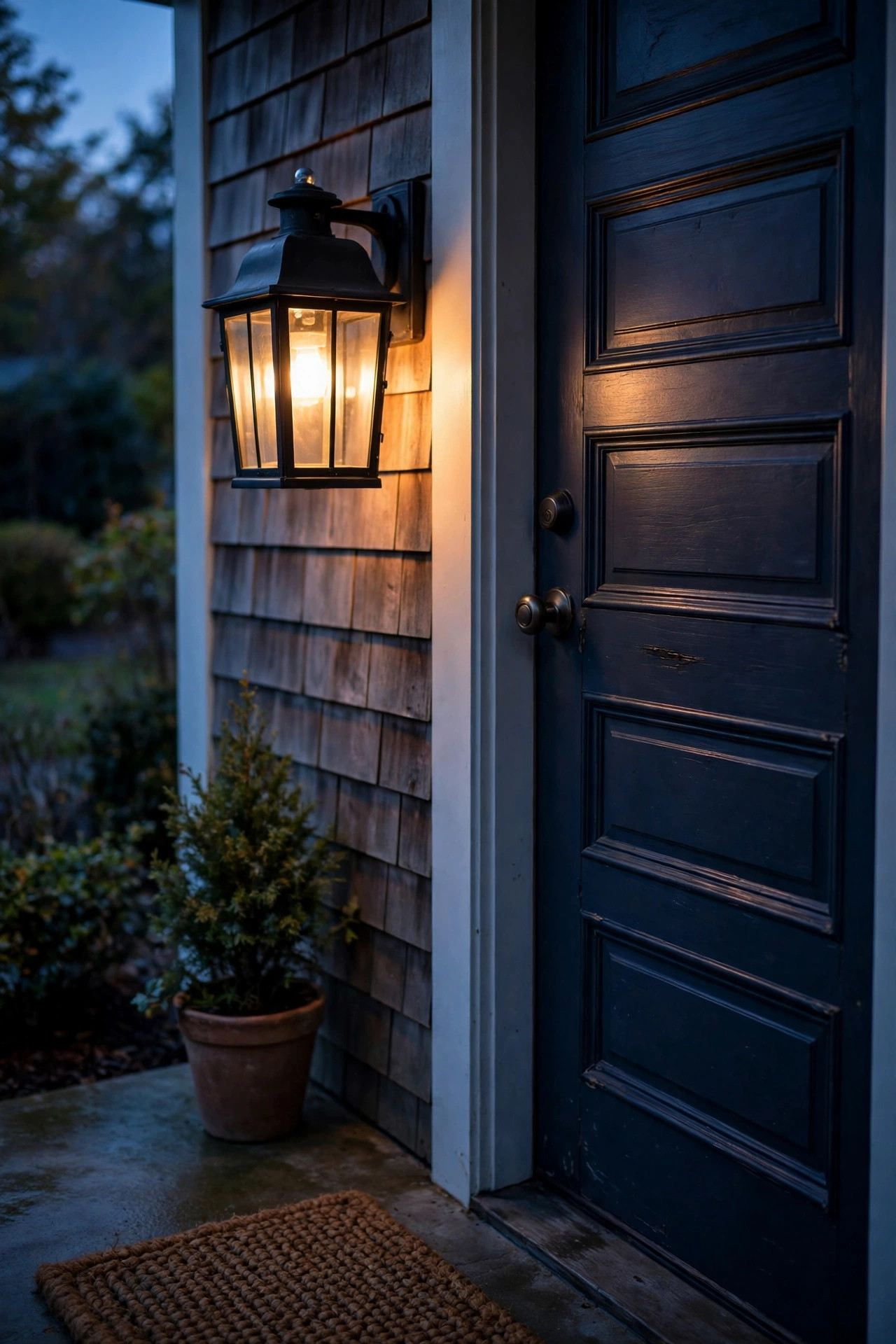 Dusk-to-dawn photocell porch lantern glowing at low warm brightness beside a front door