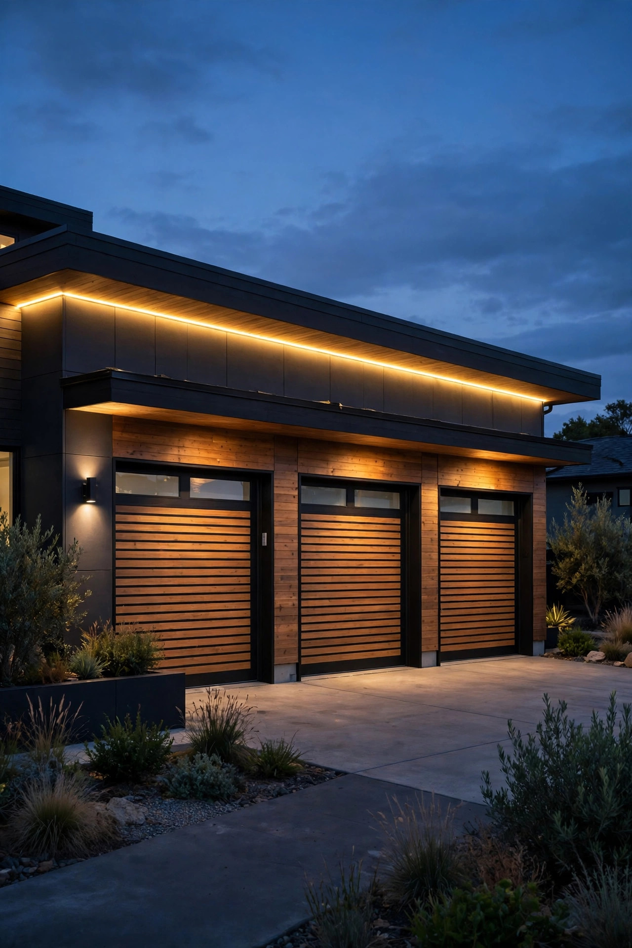 Continuous warm LED strip glowing under the eave across the full width of a modern three-car garage