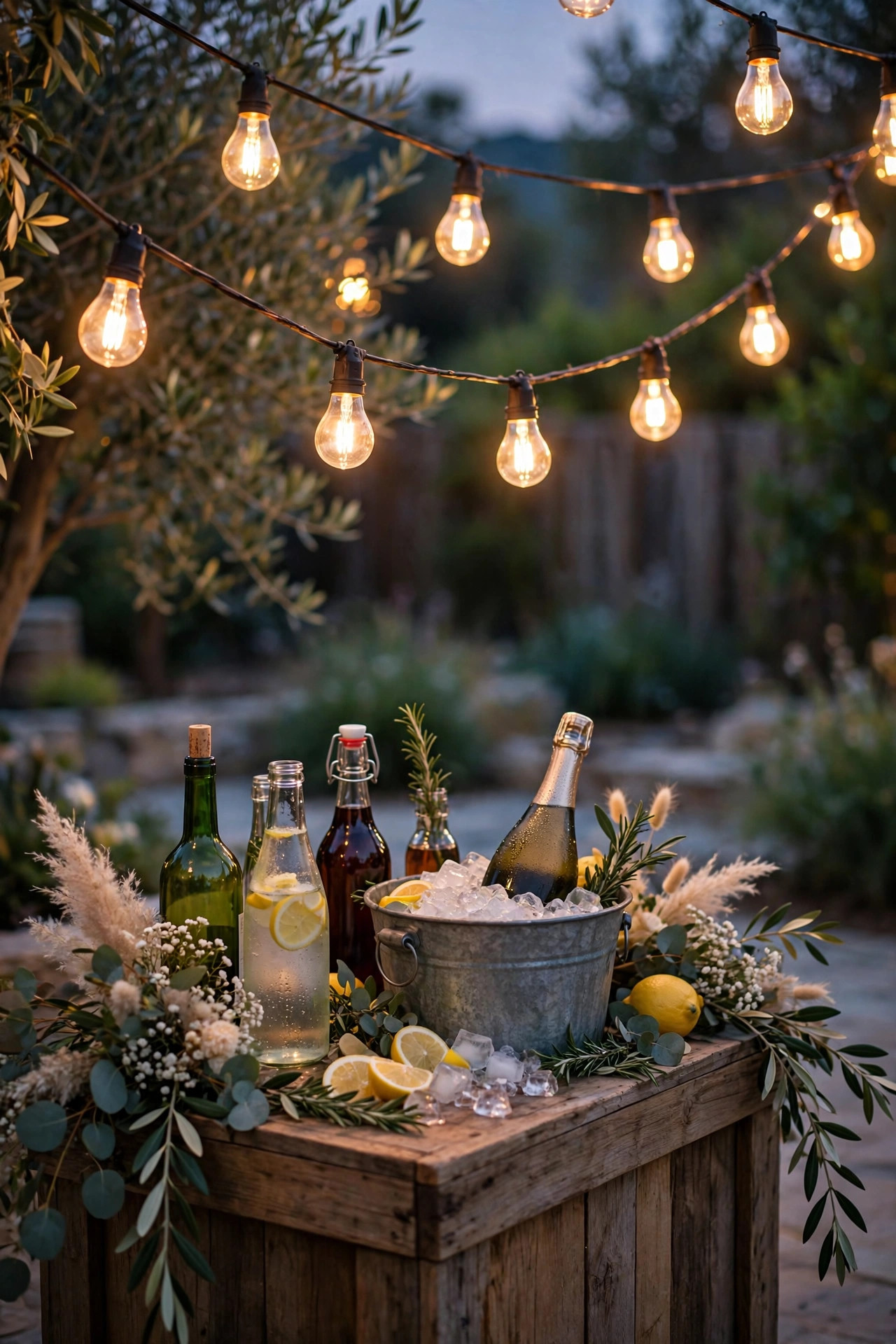 Edison bulb string lights hanging low over an outdoor wedding drink station with bottles and an ice bucket