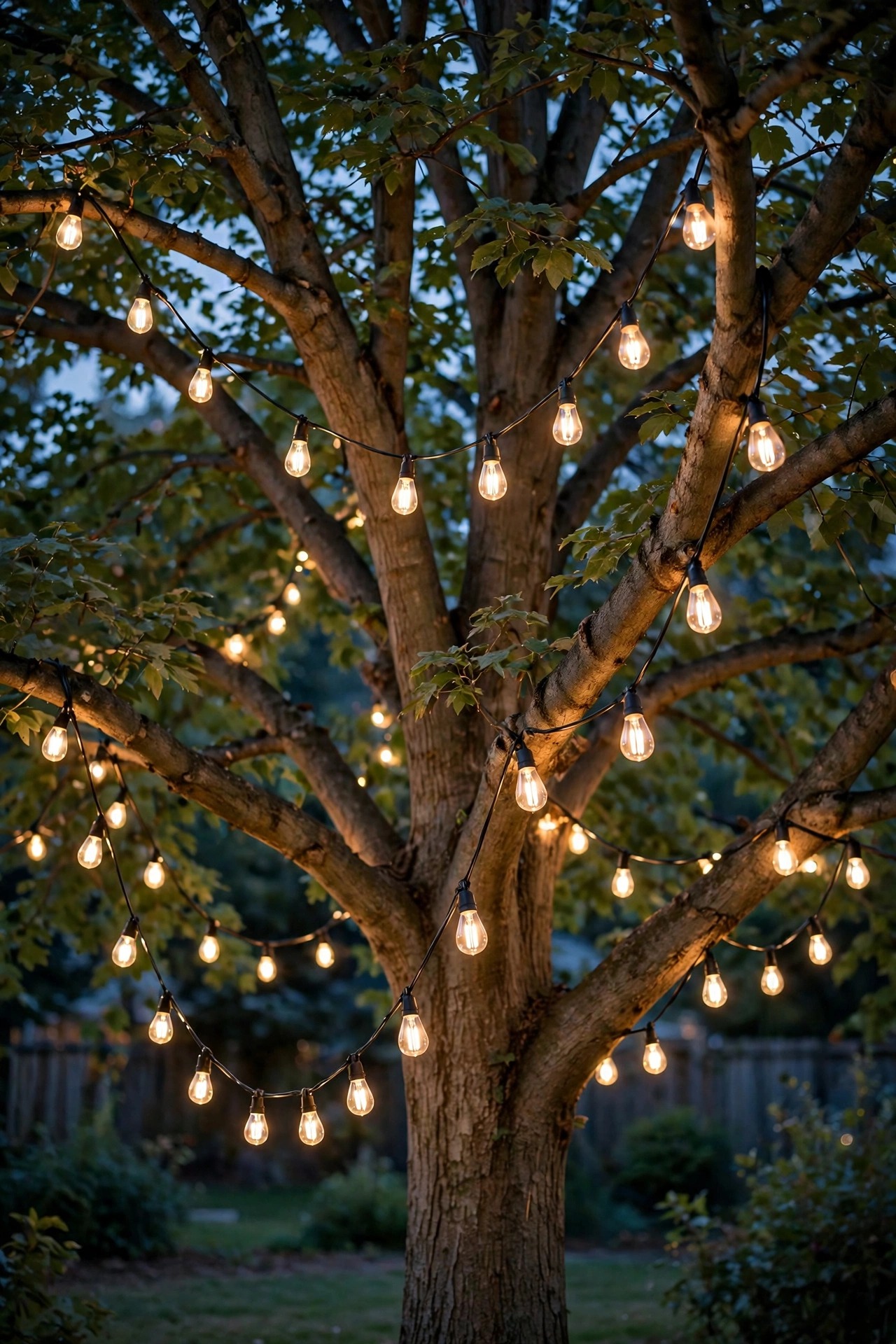 Edison filament bulb strands draped in loose curves through the branches of a large backyard tree
