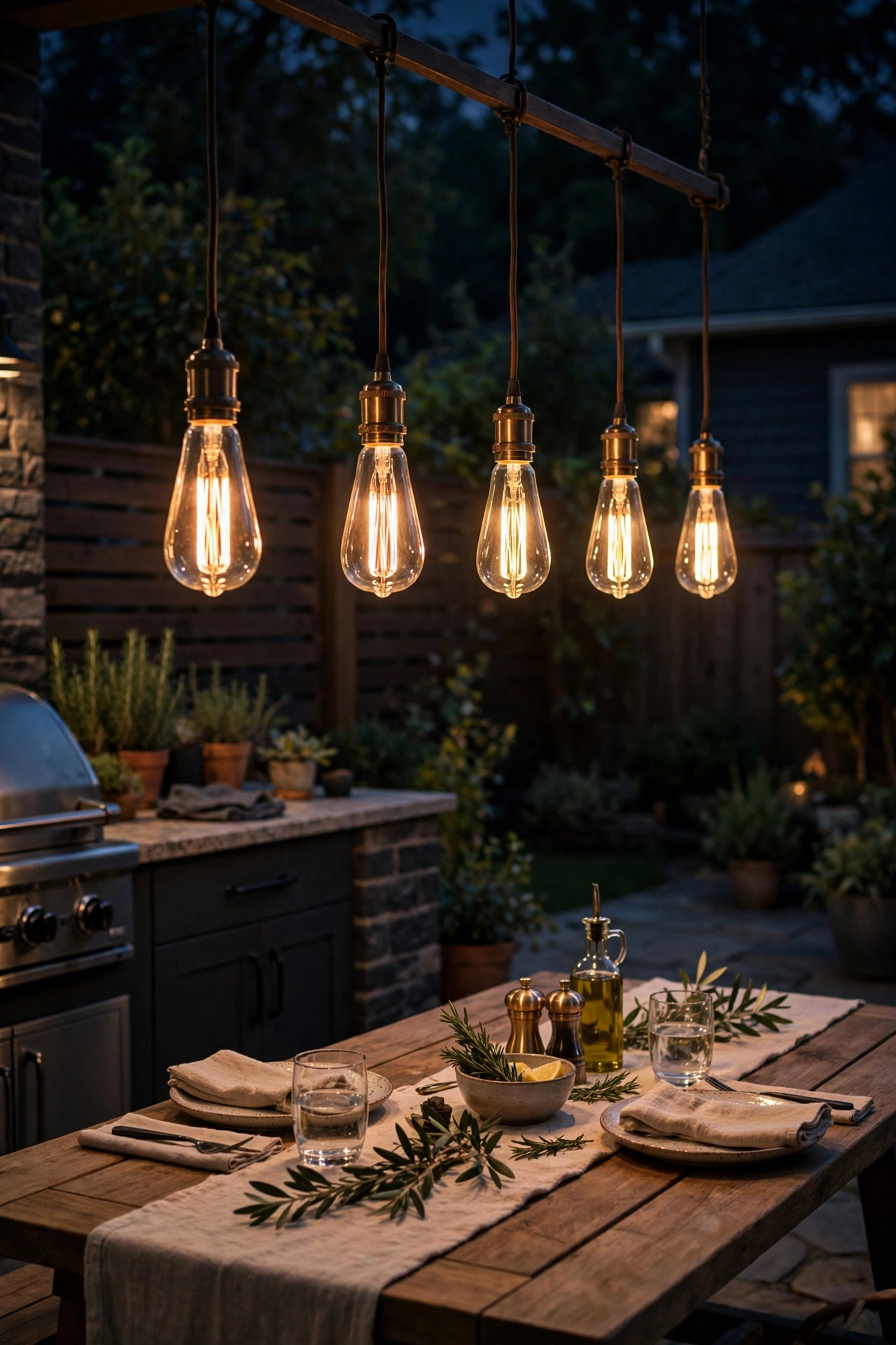 Row of Edison-style filament pendants glowing over outdoor kitchen dining table at night
