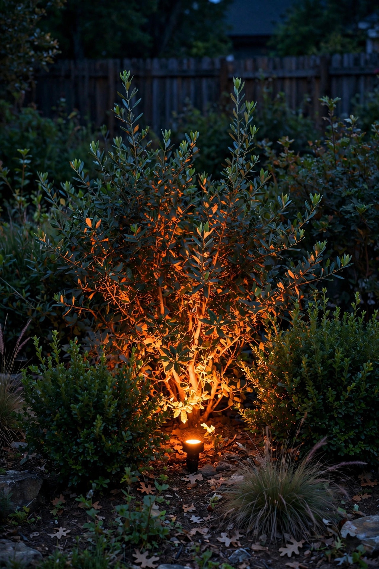 Deep orange uplight glowing like embers through backyard shrubs at night