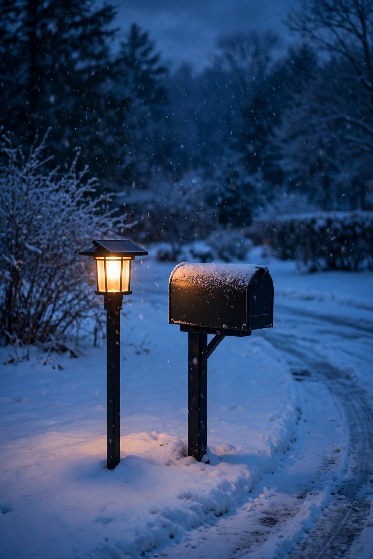 Solar lamp post glowing at the entrance of a driveway beside a mailbox on a snowy evening