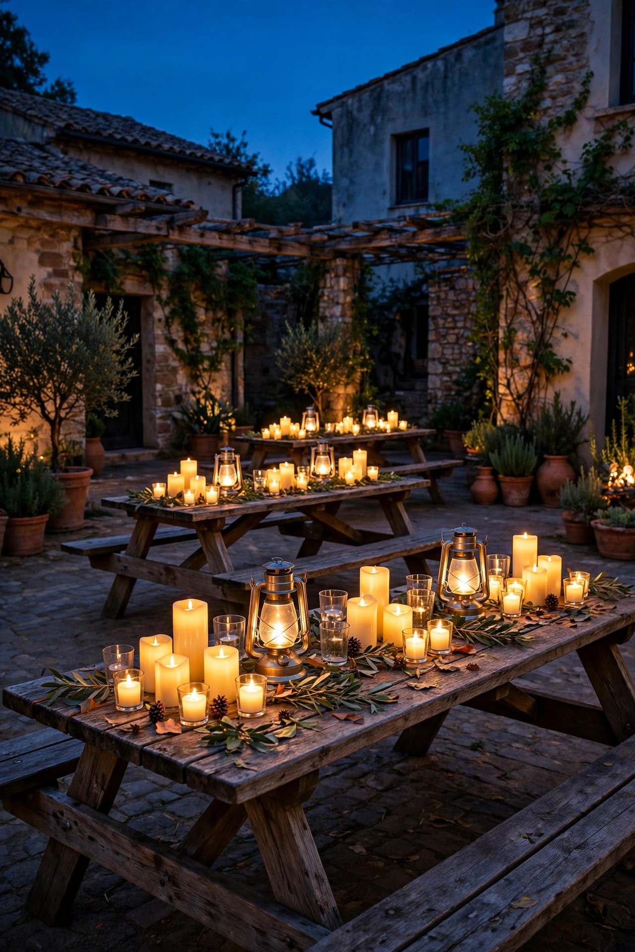 Community picnic tables in a courtyard at dusk dressed with flameless candle clusters and battery lanterns