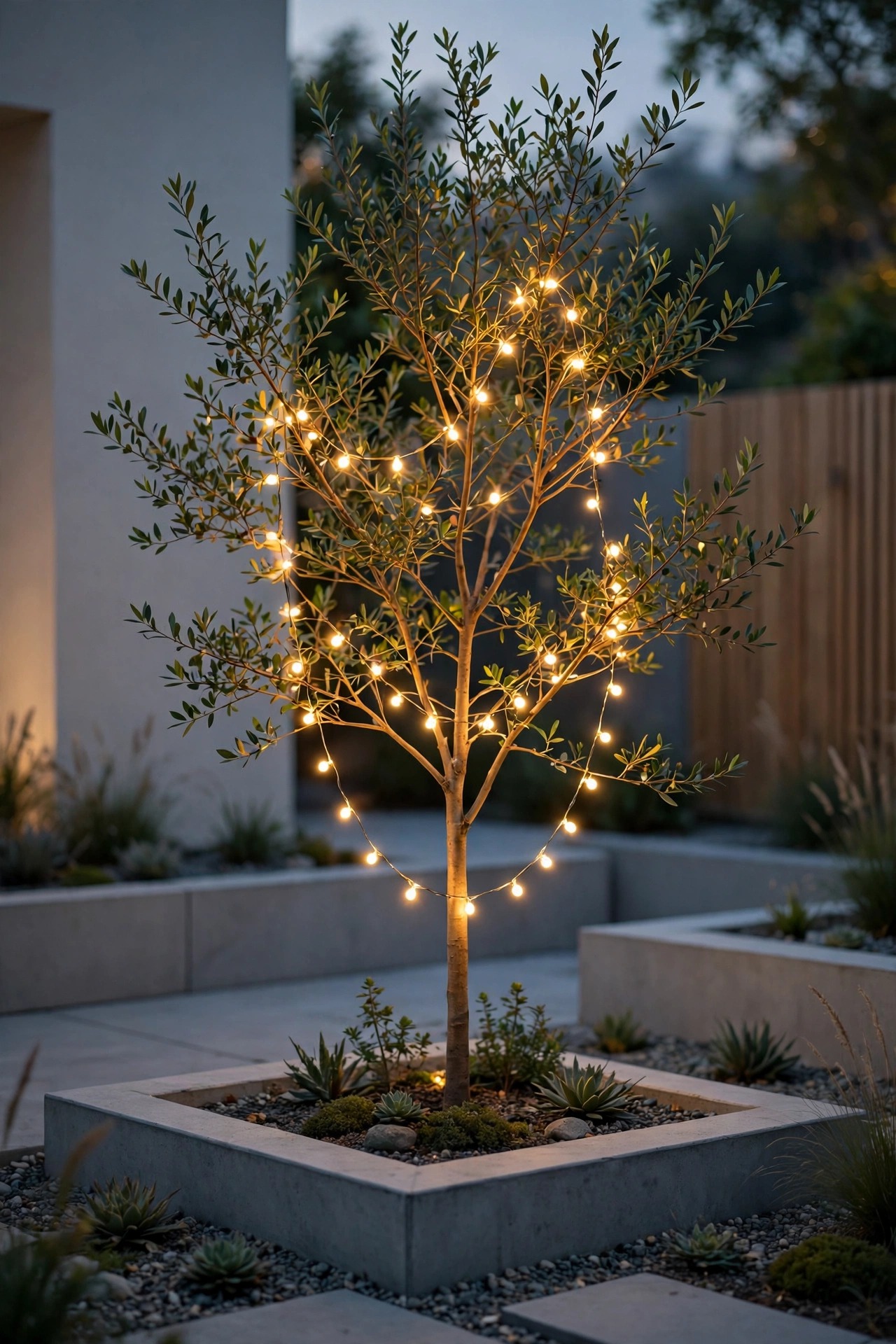 Single strand of warm fairy lights draped through a small tree in a modern minimalist garden