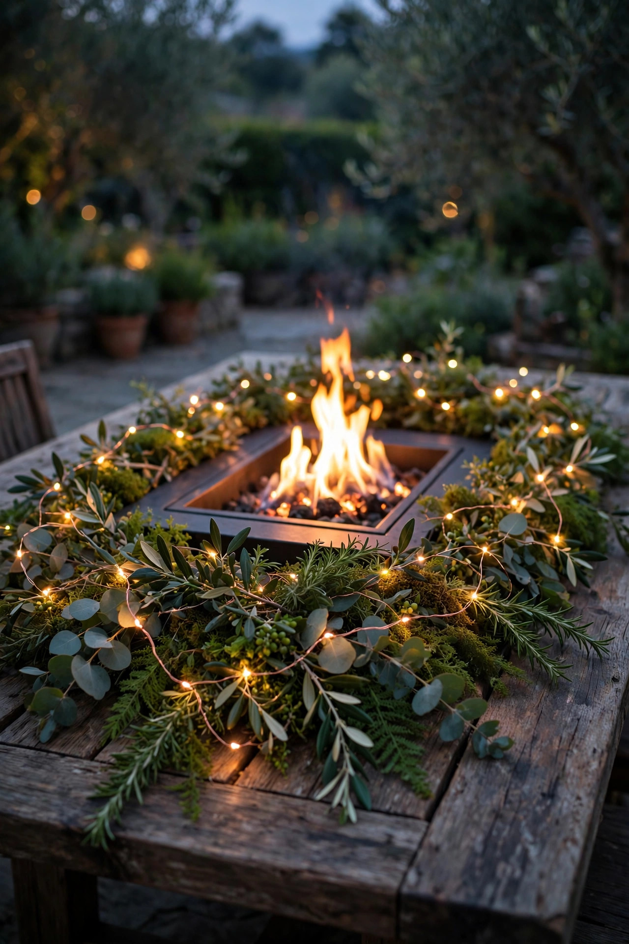 Copper-wire fairy lights woven through a greenery runner on an outdoor dining table around a fire table burner