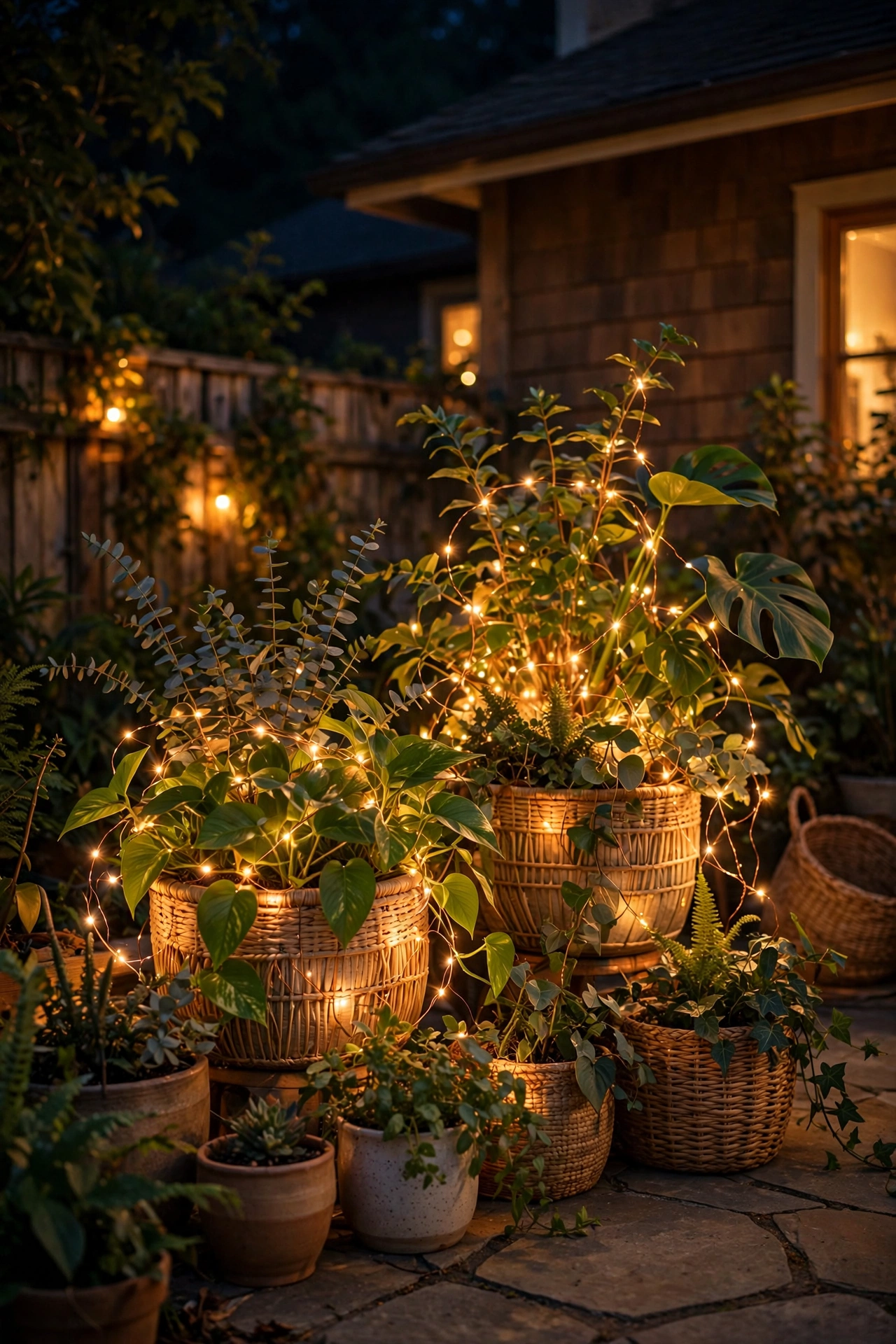 Copper wire fairy lights coiled through leafy plants in large boho planters at night
