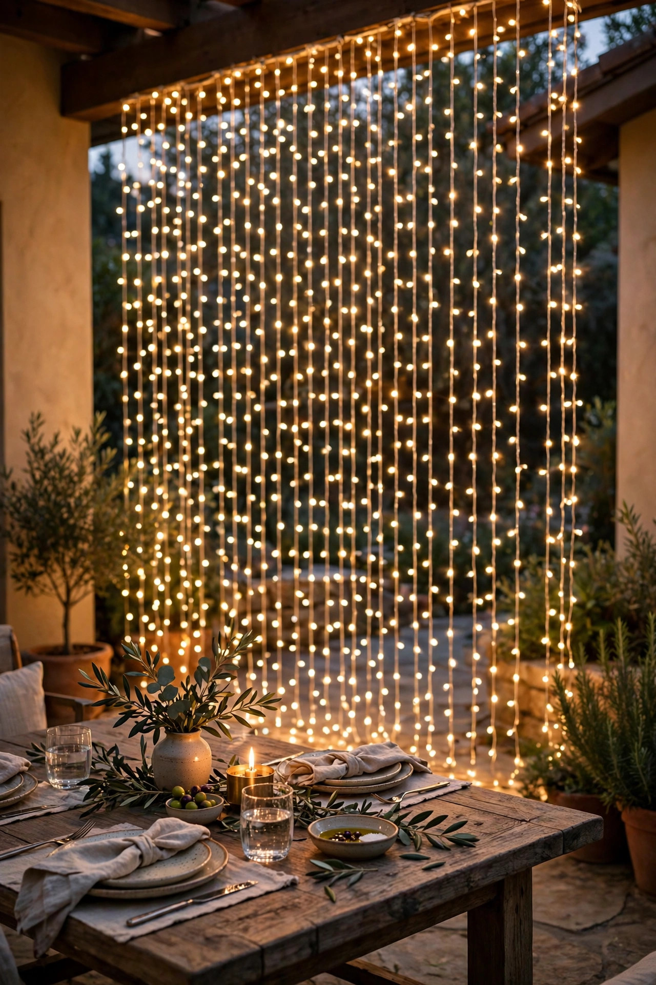 Vertical waterfall strands of string lights forming a glowing backdrop behind an outdoor dining table
