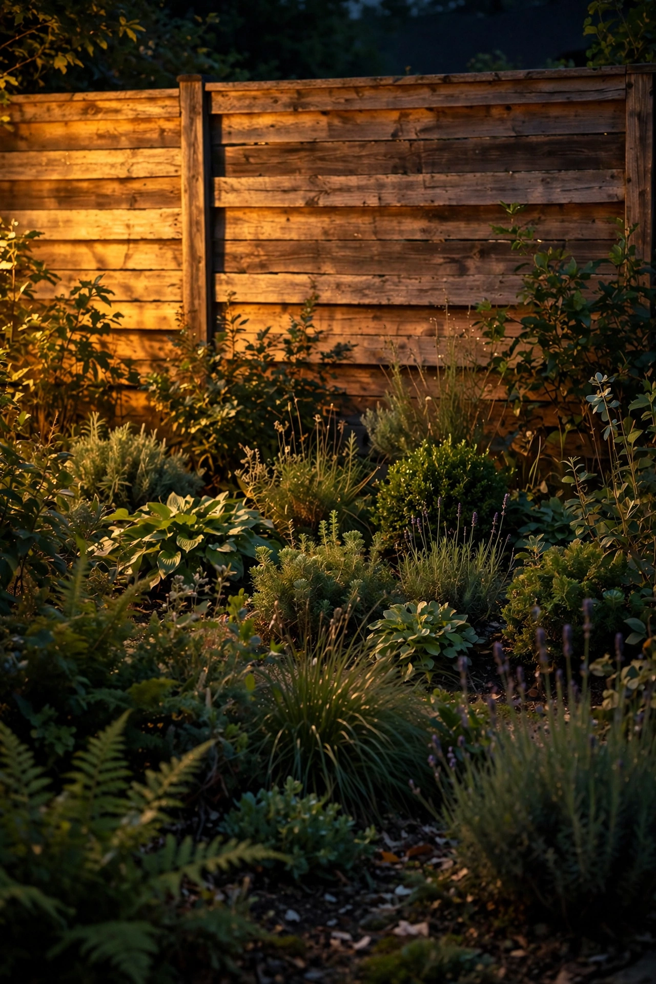 Wooden garden fence washed with warm light behind layered plants at night